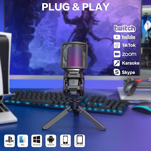 Miniatura 5 de ZealSound Micrófono USB para juegos para PC, micrófono de computadora de condensador RGB con soporte para trípode, silencio rápido, control de