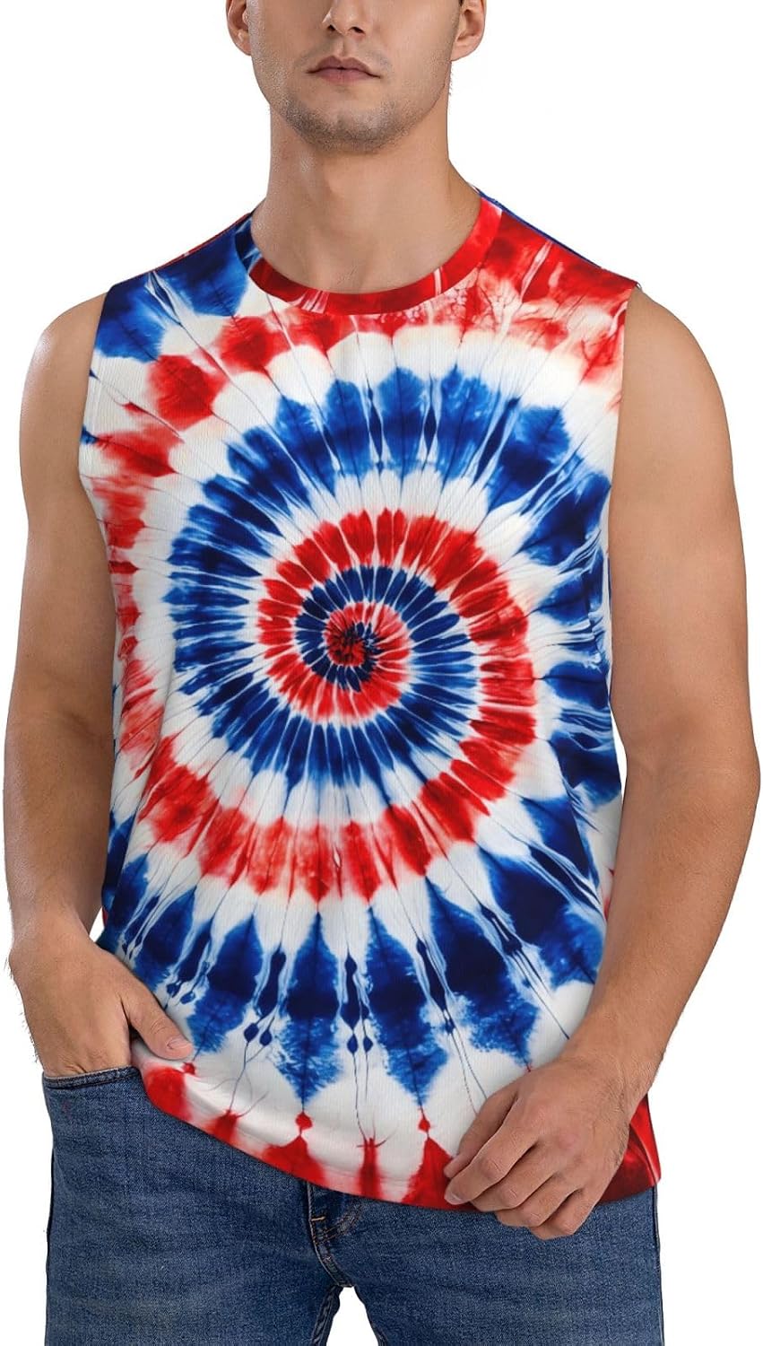 Unisex Adult USA Flag Skull Tie Dye Tank Top for Men Women Senior Sleeveless Tops Hippies Tie Dyed Tee Shirt