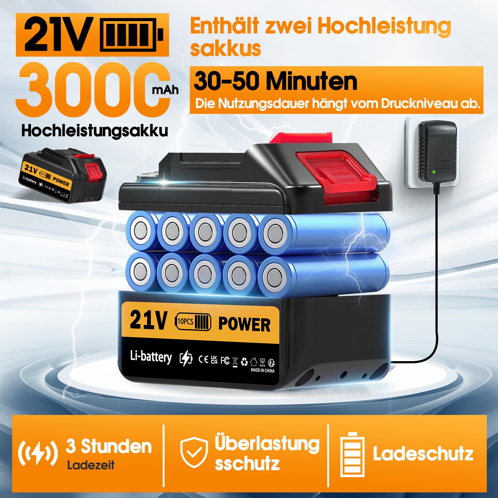 21V Hidrolimpiadora Bateria, 130Bar/1880PSI, 8L/min, 6 en 1 Boquilla con 5M Manguera, 2×3.0Ah Baterías, Alcance 12m para Coche Patio Jardín Limpieza Suelos (con Caja de Herramientas)