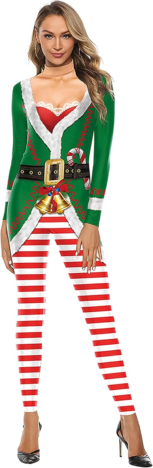 Women Holiday Jumpsuit Funny Skinny Cosplay Bodysuit Realistic 3D Digital Santa Costume Romper Ugly Christmas Halloween Party One Piece Jumpesuit Novelty Onesies