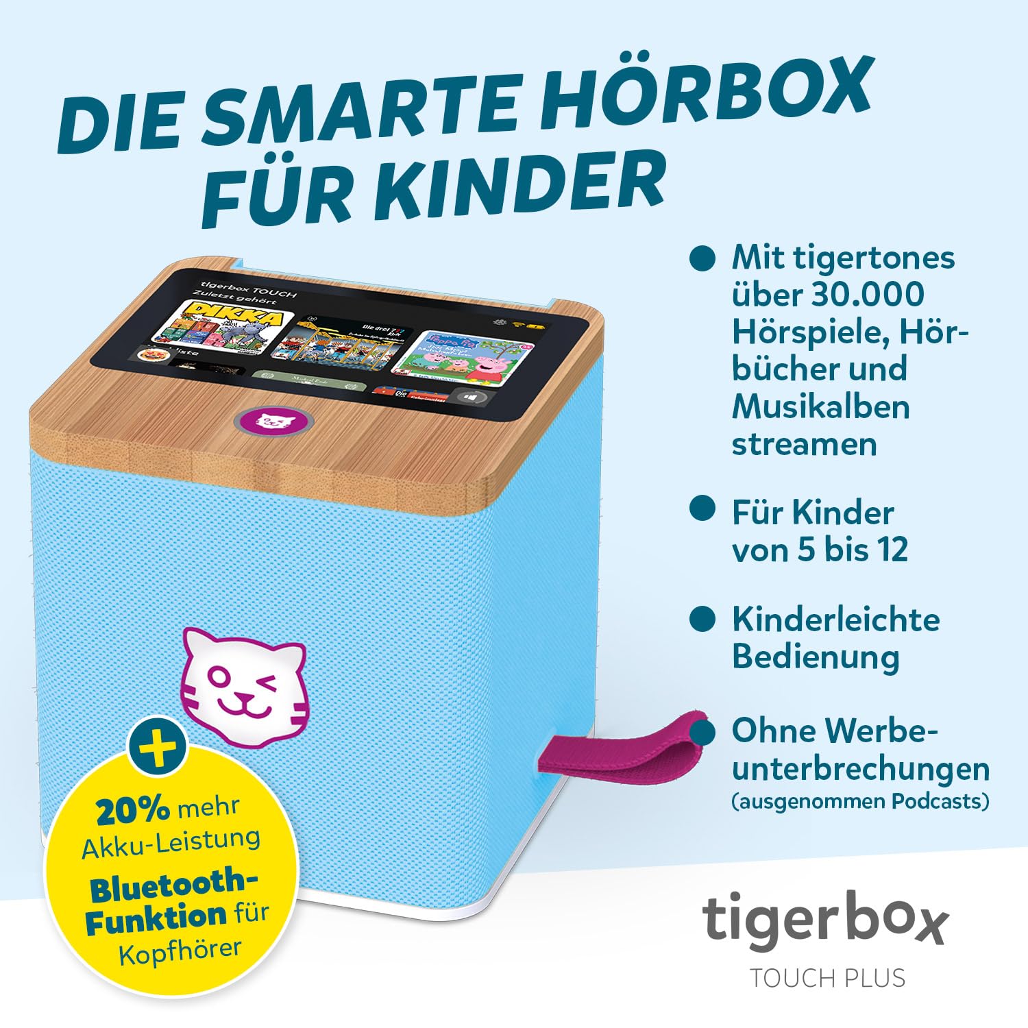tigermedia tigerbox Touch Plus Miami Sky Azzurro | Audio Stereo per Bambini | Display Touch a Colori | con Luce Notturna | Connettore Cuffie Bluetooth | Batteria Extra Potente