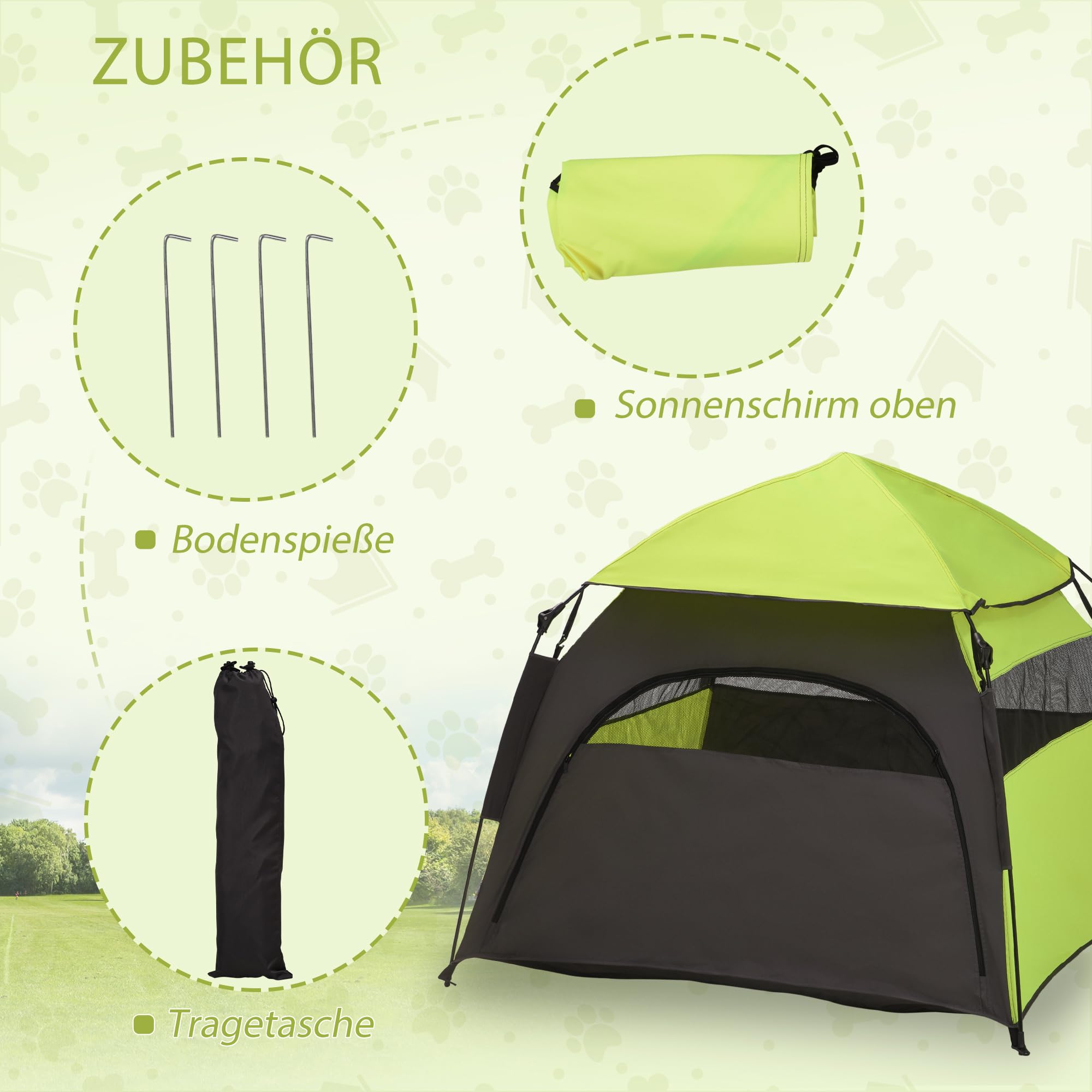 PawHut Haustierzelt, Outdoor Hundezelt, Katzenzelt mit Meshfenster, Tragetasche, Sonnendach, Tragbar Hundehütte für extra große und große Hunde, für Drinnen und Draußen, 120x120x106cm, Grün+Dunkelgrau