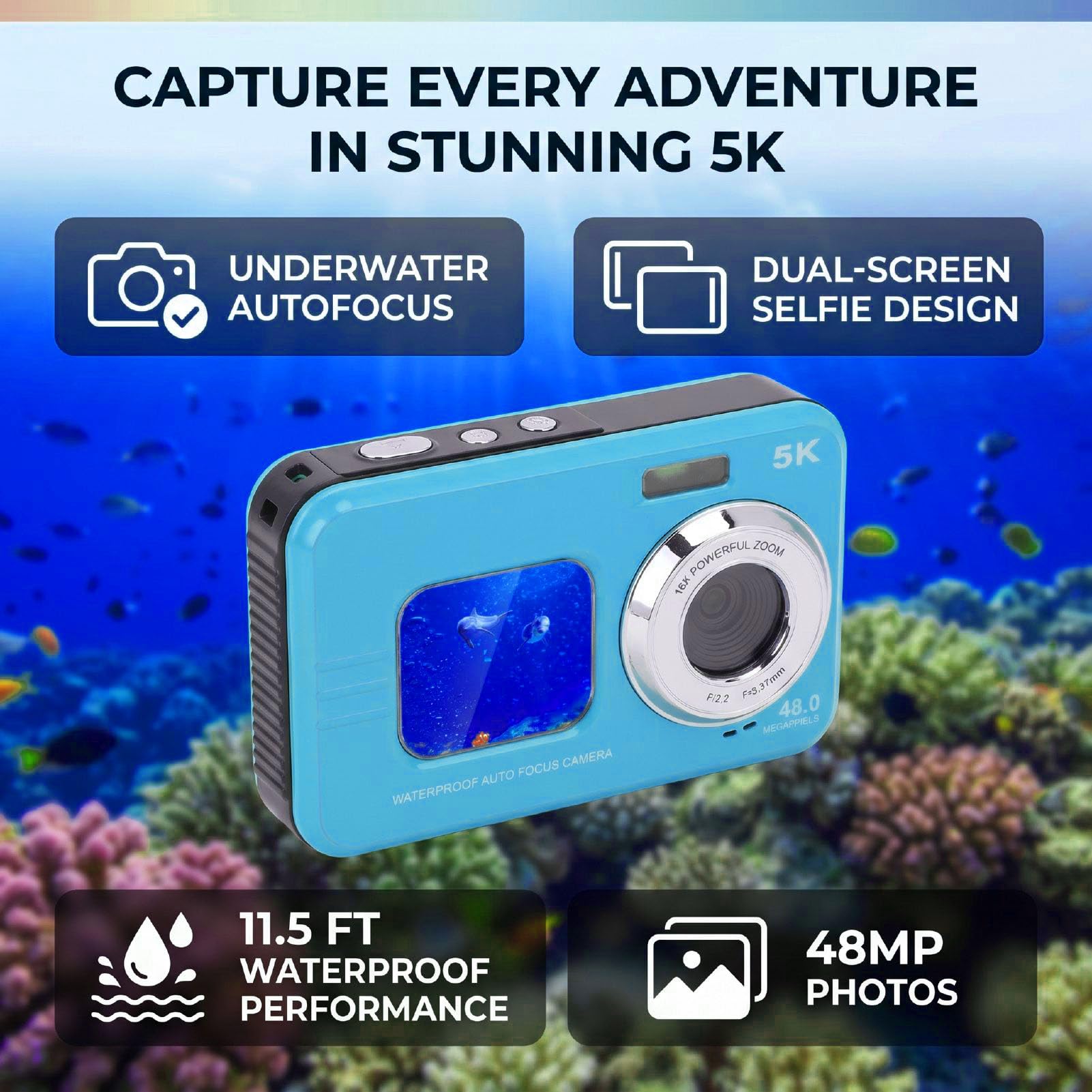 Tosuny Caméra sous-Marine 5K Double écran 48MP, Appareil Photo Numérique avec Mise au Point Automatique et Dragonne Flottante, 11,5 Pieds pour la Plongée en Apnée (Blue)
