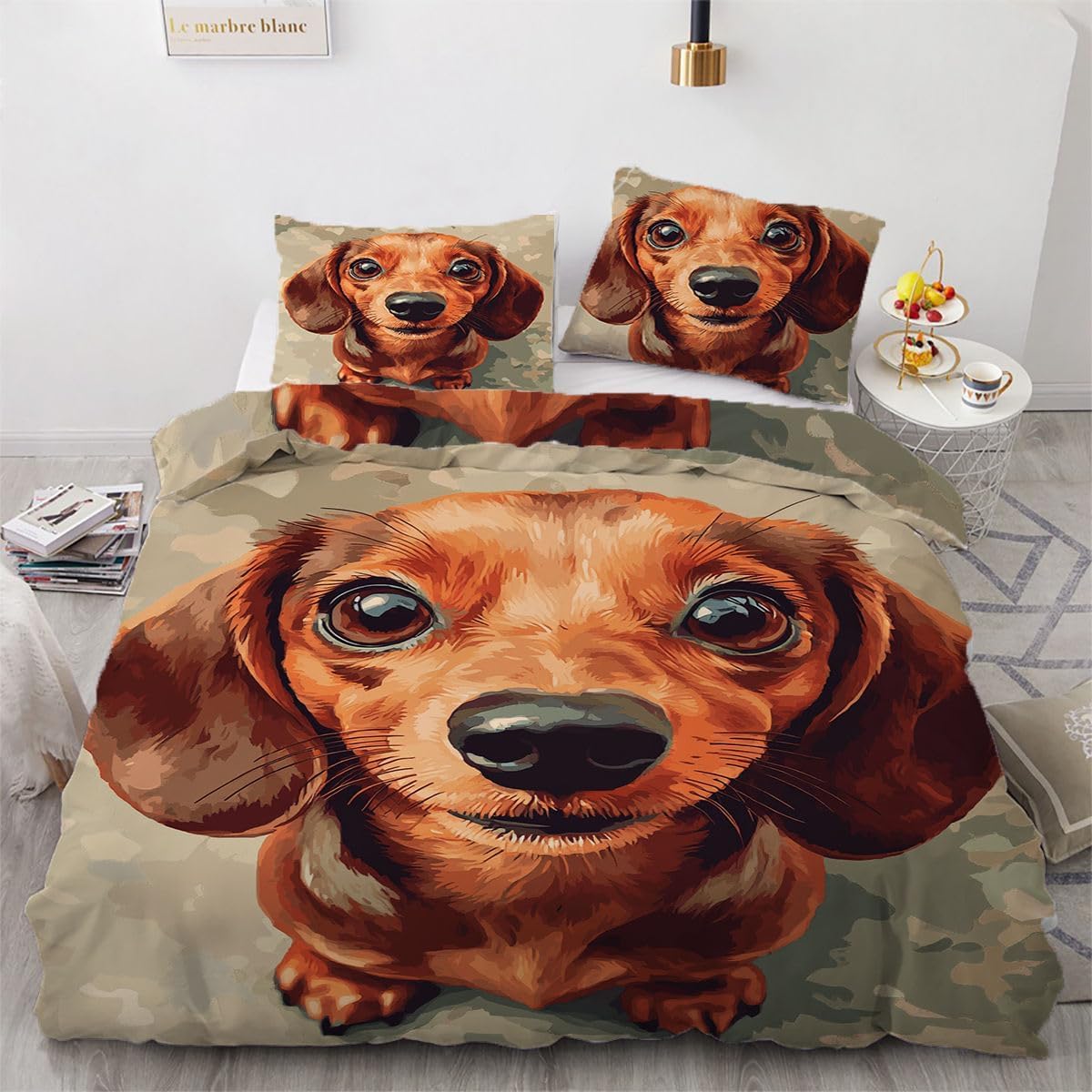 NDXRWDZR Single Bedding Set Brown Dachshund Duvet Cover for Kids Soft Hypoallergenic Microfiber Duvet Cover with Zipper Closure, 1 Duvet Cover 135x200 cm + 2 Pillowcases 50x75 cm