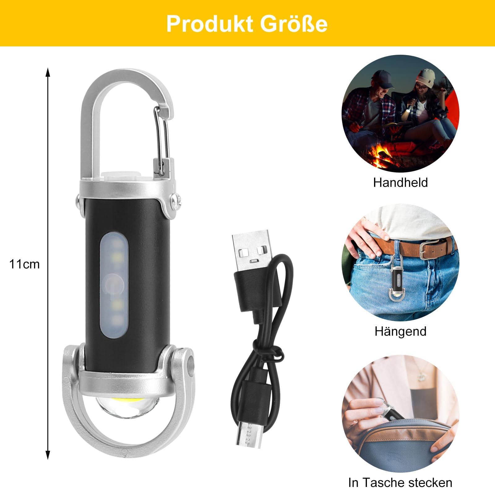 TNSLAND Mini-zaklamp, sleutelhanger, superheldere led, oplaadbaar, waterdicht, 7 modi, met USB-kabel, voor huishouden, auto, outdoor, reizen, camping, werk