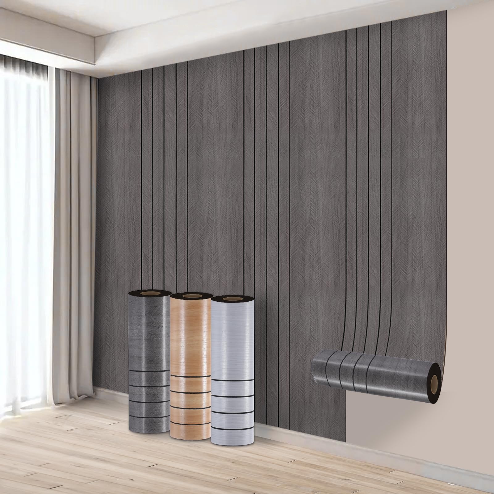 Takezuaa 1 Roll Self Adhesive Thermal Wallpaper 3mm Thick Dark Grey Peel and Stick Wall Panels Wood Effect Wallpaper for Walls Ceilings - Suitable for Living Room, Meeting Room, TV Wall 40cm x 3m — image 1