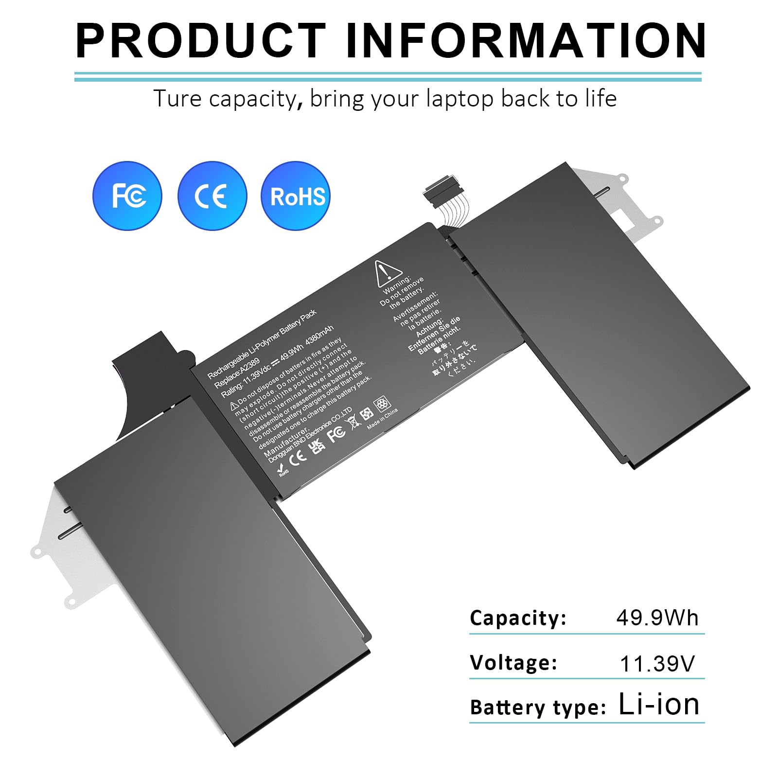 A2337 A2389 Batterie de rechange pour ordinateur portable MacBook Air 13" (M1, 2020) EMC 3598 MGN53LL/A MGN83LL/A MGN63LL/A MGN93LL/A MGND3LL/A MGN73LL/A MGNE3LL/A MVH22LL/A 11,39 V 49.9 Wh