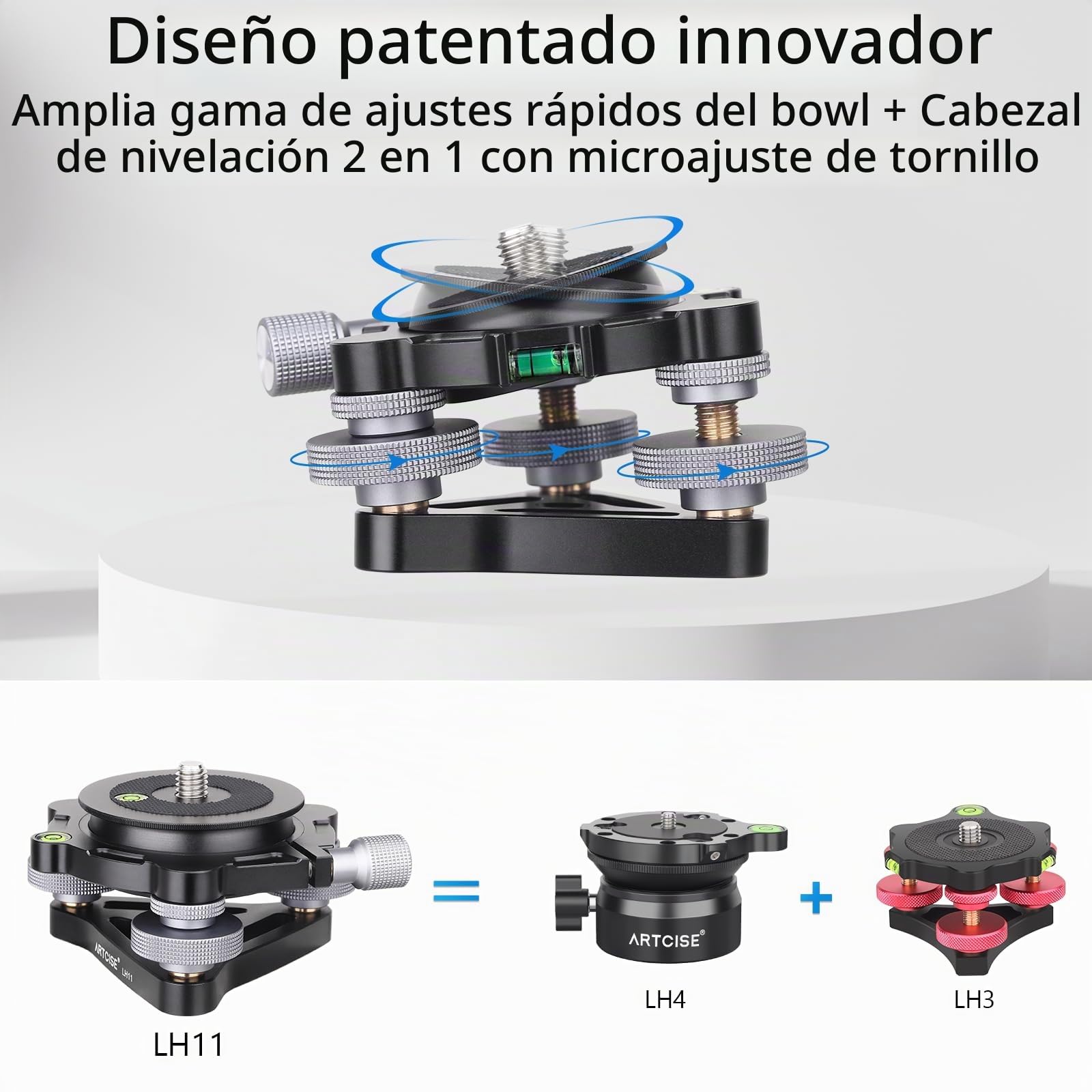 Base de nivelación de Tres Patas con diámetro ∅85 mm, Placa de Cabeza de trípode Ajustable -15°/+15° de inclinación, con 3 Niveles de Burbuja y 3 Ruedas/Ajuste panorámico de precisión de -5 Grados