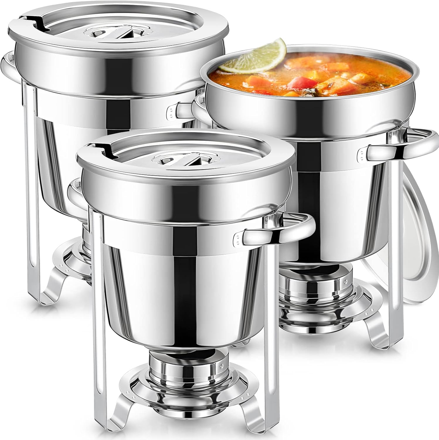 3 Pack Soup Warmer Soup Chafers for Catering Commercial Food Warmer with Pot Lid and Fuel 7 Qt Round Chafing Dish Buffet Set for Catering Buffet Servers Parties Events