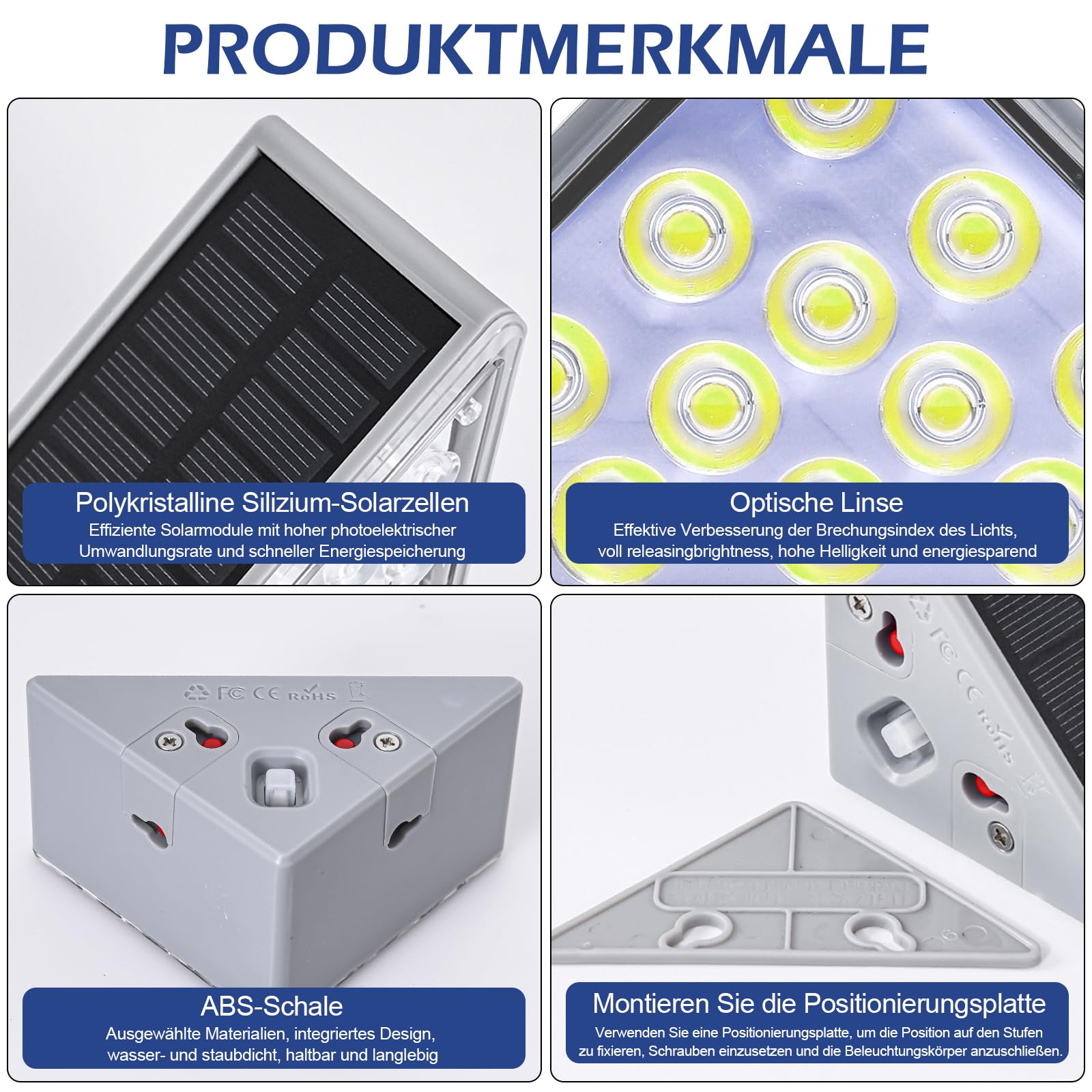 Lampy solarne do użytku na zewnątrz, oświetlenie schodów, 13 diod LED, solarne lampy na schody, IP68, wodoszczelne lampy ogrodowe, oświetlenie schodów LED, do ogrodu, tarasu, patio (4 białe