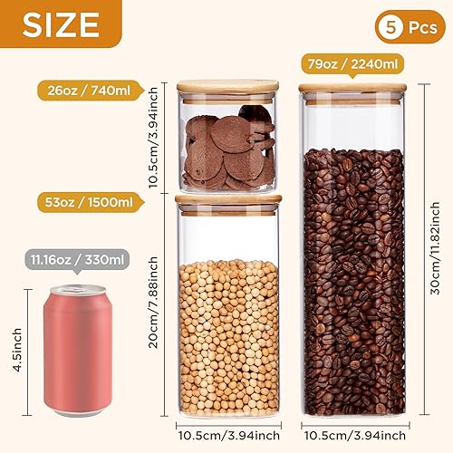 Miniatura 2 de Spreccio Juego de 5 recipientes cuadrados para la cocina, perfectos para pasta, galletas, frutos secos, café, cereales, harina, organiza tu cocina y