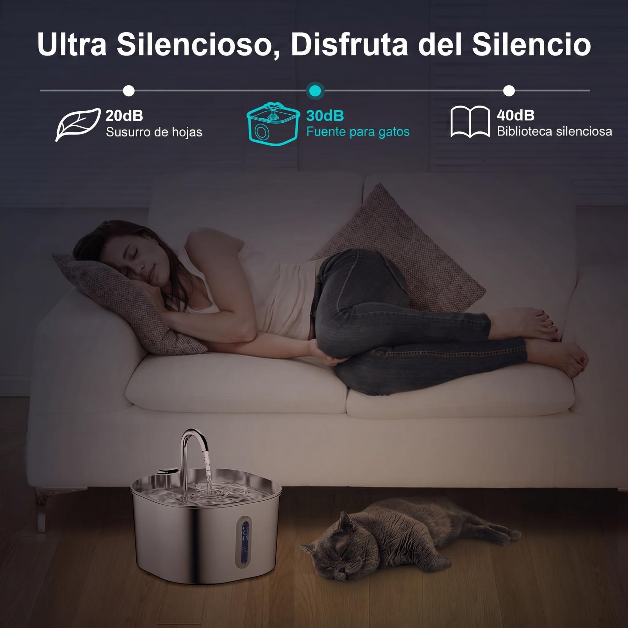 CatVitalis Fuente Gatos Acero Inoxidable, Protege a tu Gato de la deshidratación y los Problemas urinarios, Fuente Agua Gatos Automática 2,2L con Triple Filtración, Bomba Silenciosa