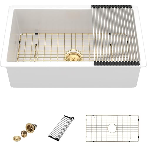 Fireclay Procelain Kitchen Sink-32 Inch Ceramic White Undermount and Drop In Dualmount Single Bowl Kitchen Sink Dual Installtion Gold Accessories Noise Reduction