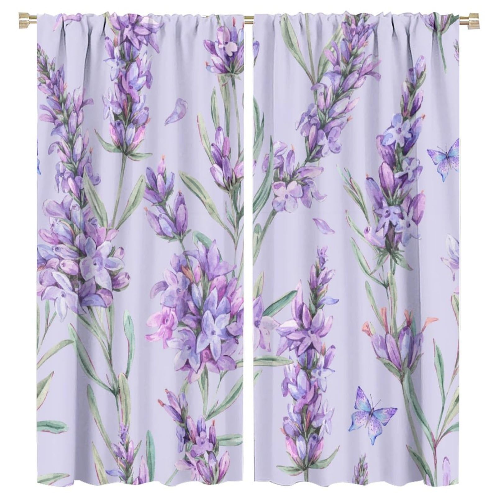 HZOHNAGO Lavender Flower Curtain Watercolor Purple Floral Green Leaves Butterfly Pattern Blackout Print Rod Pocket Window Drapes for Bedroom Living Room 63x72in