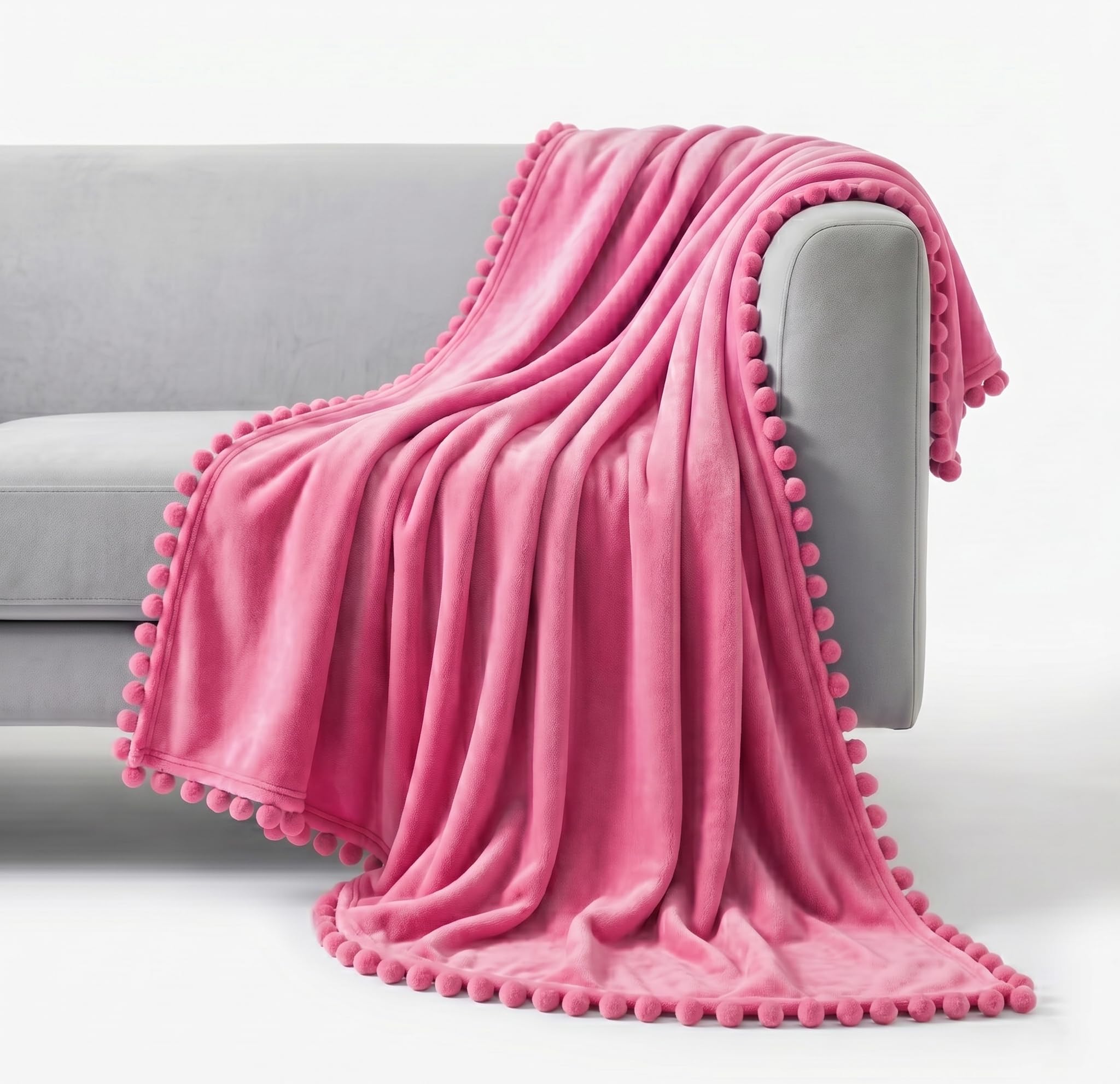 BSB HOME 280 GSM Pom Pom Blanket, Ultra Soft Plush Fleece Throw Blanket with Pom Pom Fringe, Cozy Lightweight Warm Blanket for Sofa, Couch, Bed, Skin Friendly & Easy Care, 60 x 90 Inches - Rose Pink-image-42