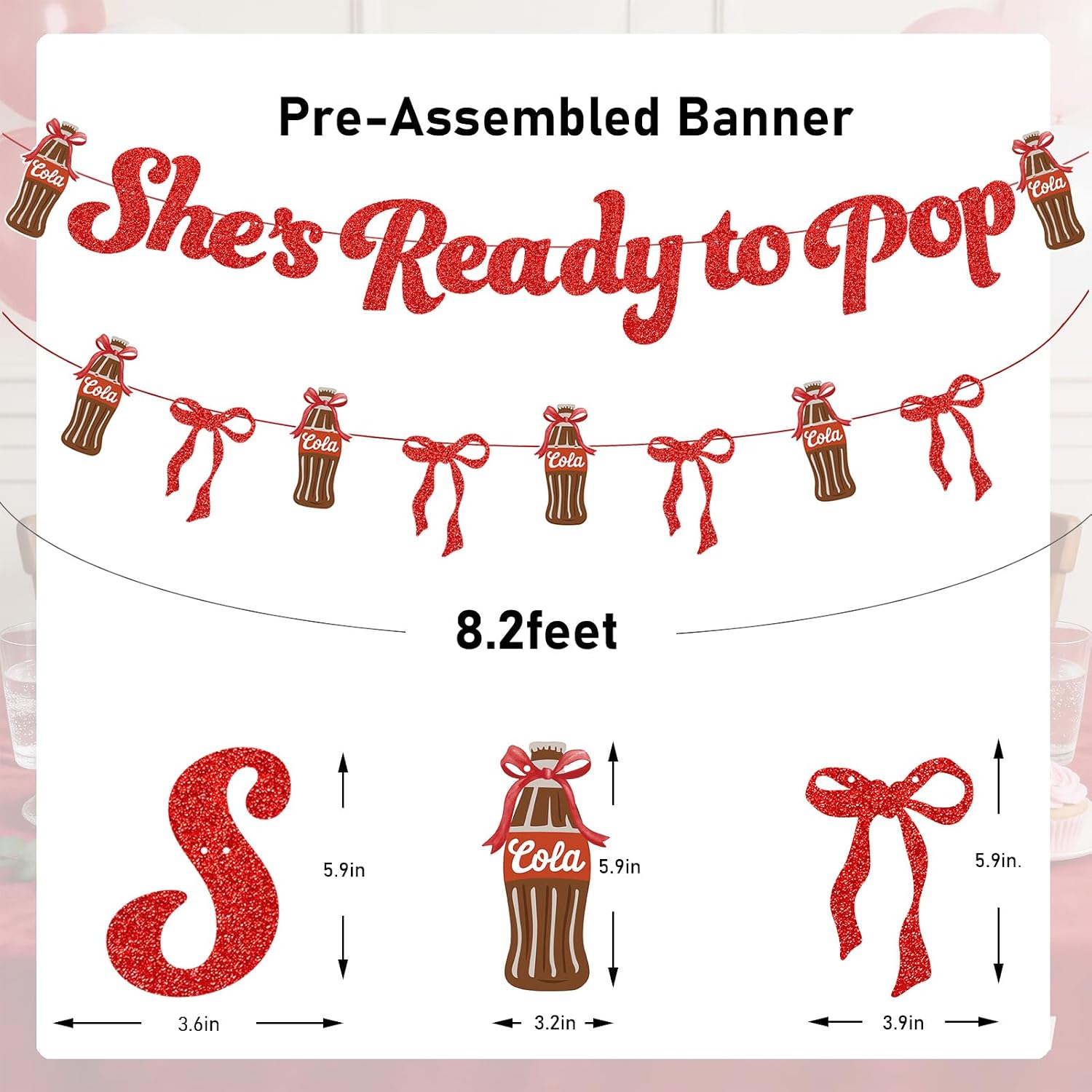 She's Ready to Pop Banner Red Bow Soda Garland with Hanging Swirls for Shes Ready to Pop Baby Shower Decorations Retro Coquette Soda Theme Party Décor
