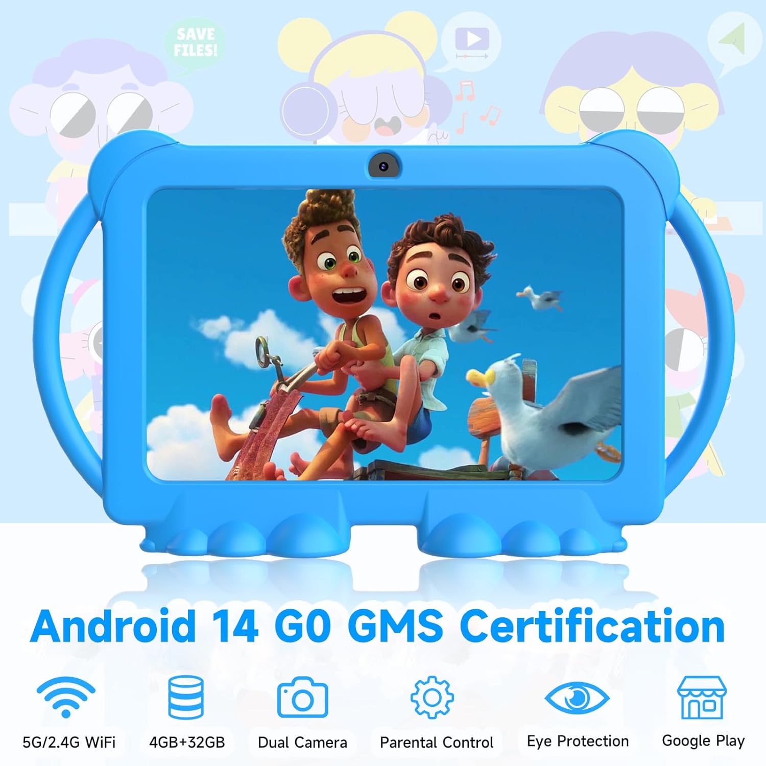 Android 14 Kids Tablet, 7 inch Tablet for Kids, 4GB RAM 32GB ROM Toddler Tableta with Case, Quad-core Processor, 1024*600 IPS Screen, Parental Control, Dual Camera, IWAWA APP Children Tableta for Boys