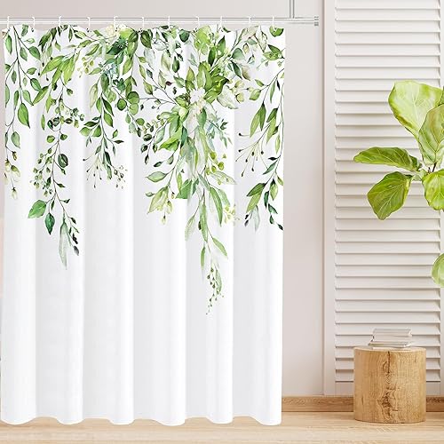 Vista 444 de Tititex - Juego de cortinas de ducha de eucalipto verde oliva, hojas de acuarela en la parte superior con decoración floral de baño, 60 x 72 Hojas