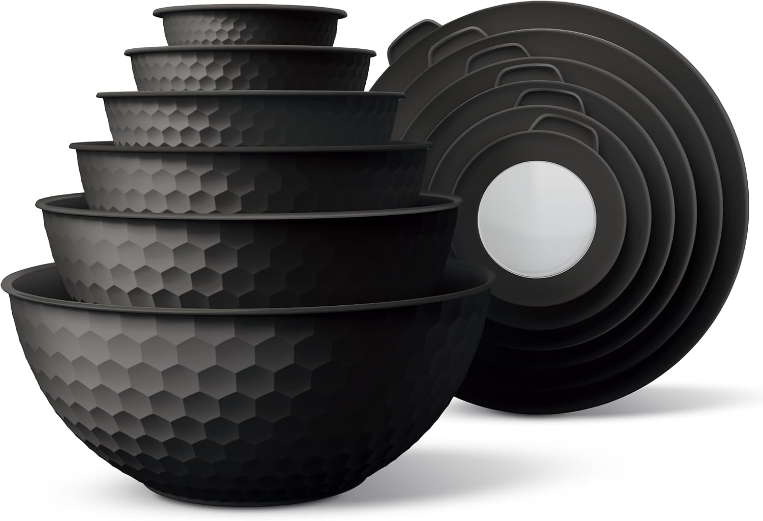 COOK WITH COLOR Mixing Bowls with Lids - 12 Piece Plastic Nesting Bowls Set includes 6 Prep Bowls and 6 Lids, Non Slip Bottom and Embossed Design - Microwave Safe (Black)