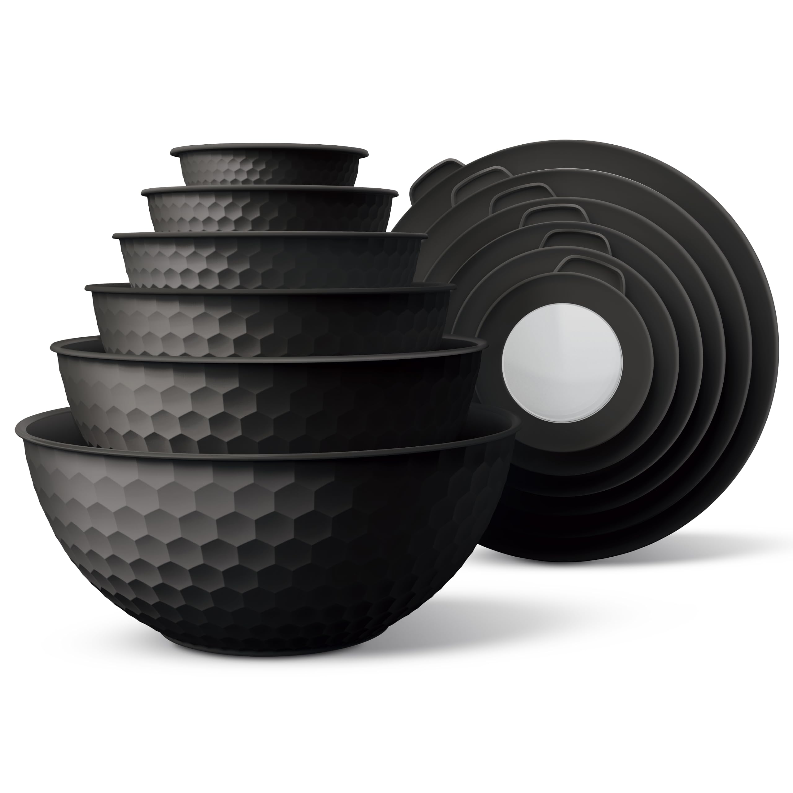 COOK WITH COLOR Mixing Bowls with Lids - 12 Piece Plastic Nesting Bowls Set includes 6 Prep Bowls and 6 Lids, Non Slip Bottom and Embossed Design - Microwave Safe (Black)