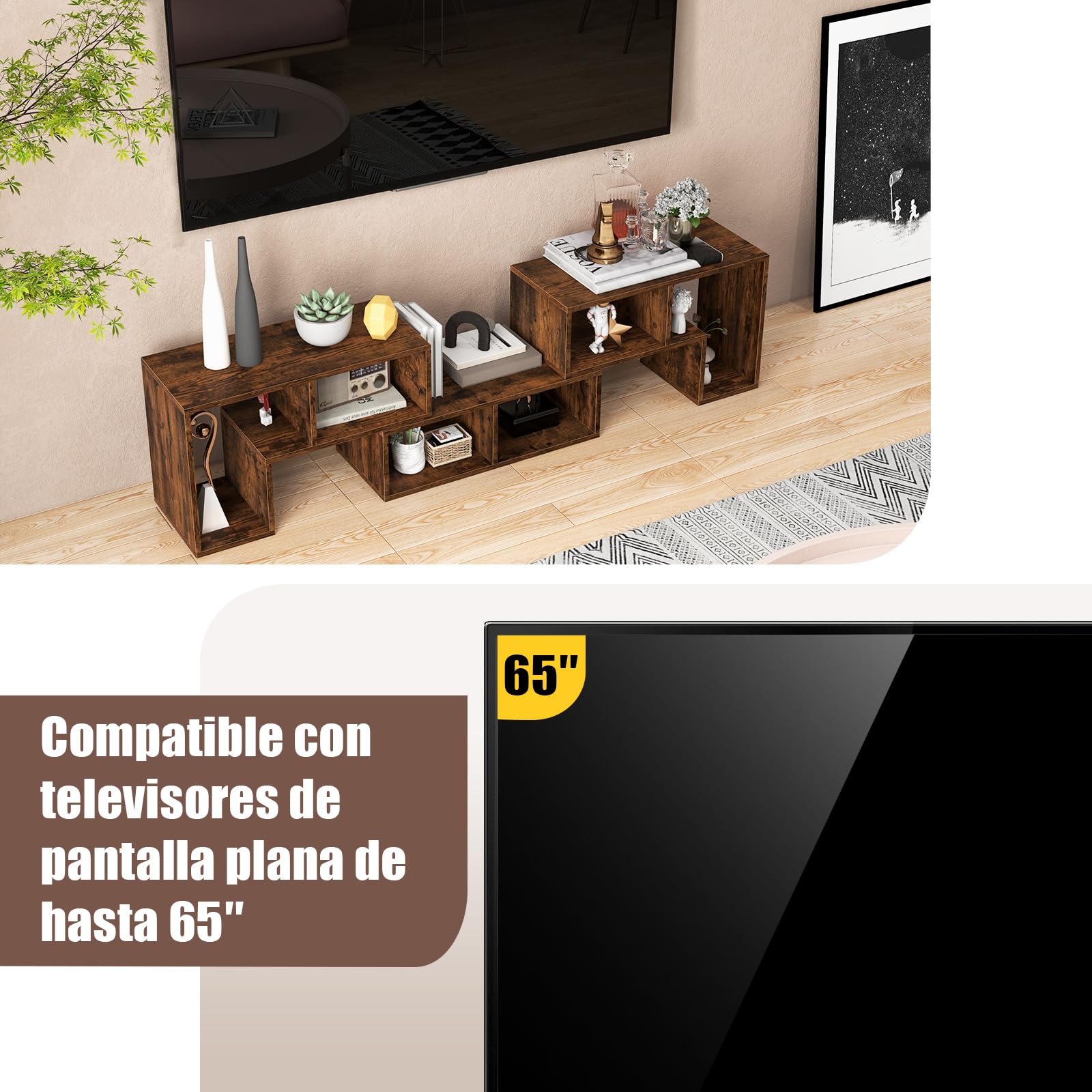 COSTWAY Consola de TV de 3 Piezas,Moderno Centro de Entretenimiento para Televisores 50-65 Pulgadas, Combinación de Librería para Almacenamiento y Exposición, Salón, Dormitorio y Estudio (marrón)