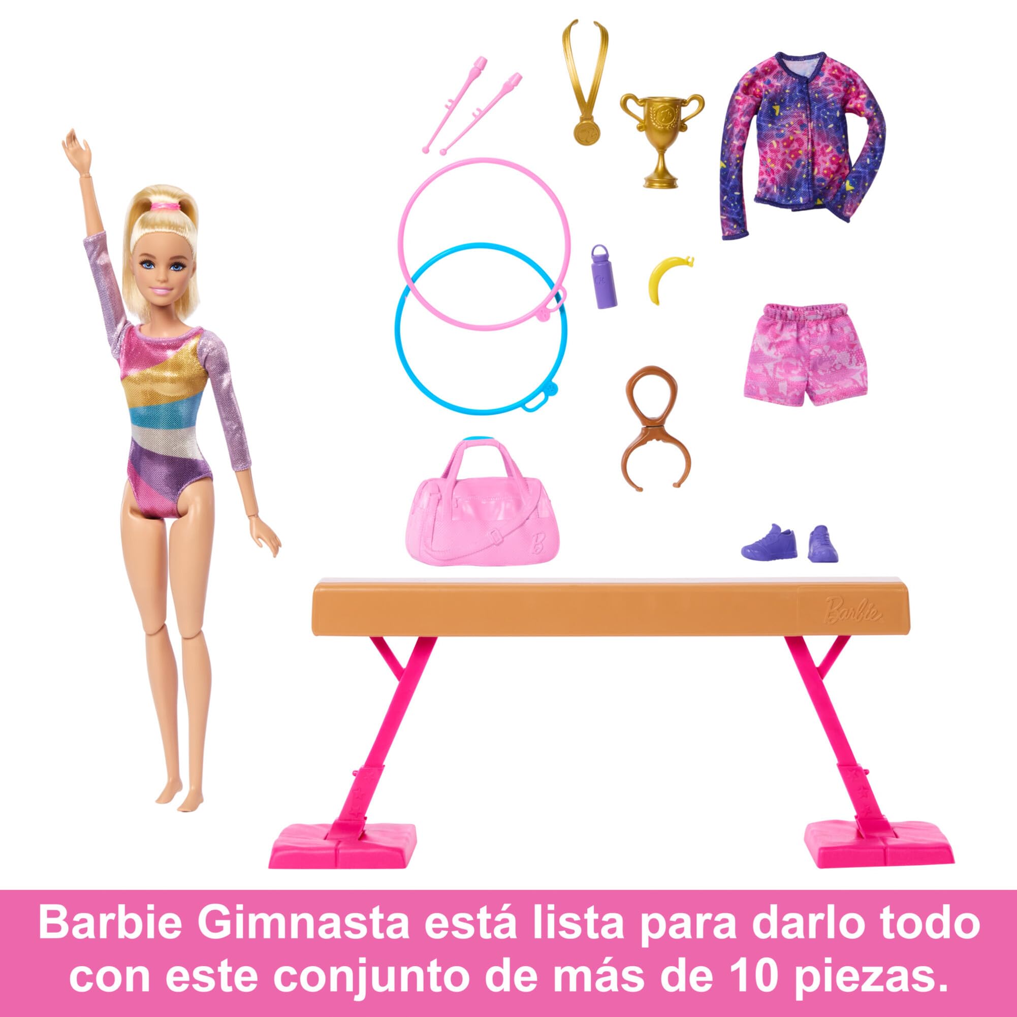 Barbie Tú Puedes ser Muñeca Gimnasta Rubia con Set de Juego, Barra de Equilibrio y Accesorios de Gimnasia, Juguete +3 años (Mattel HRG52)