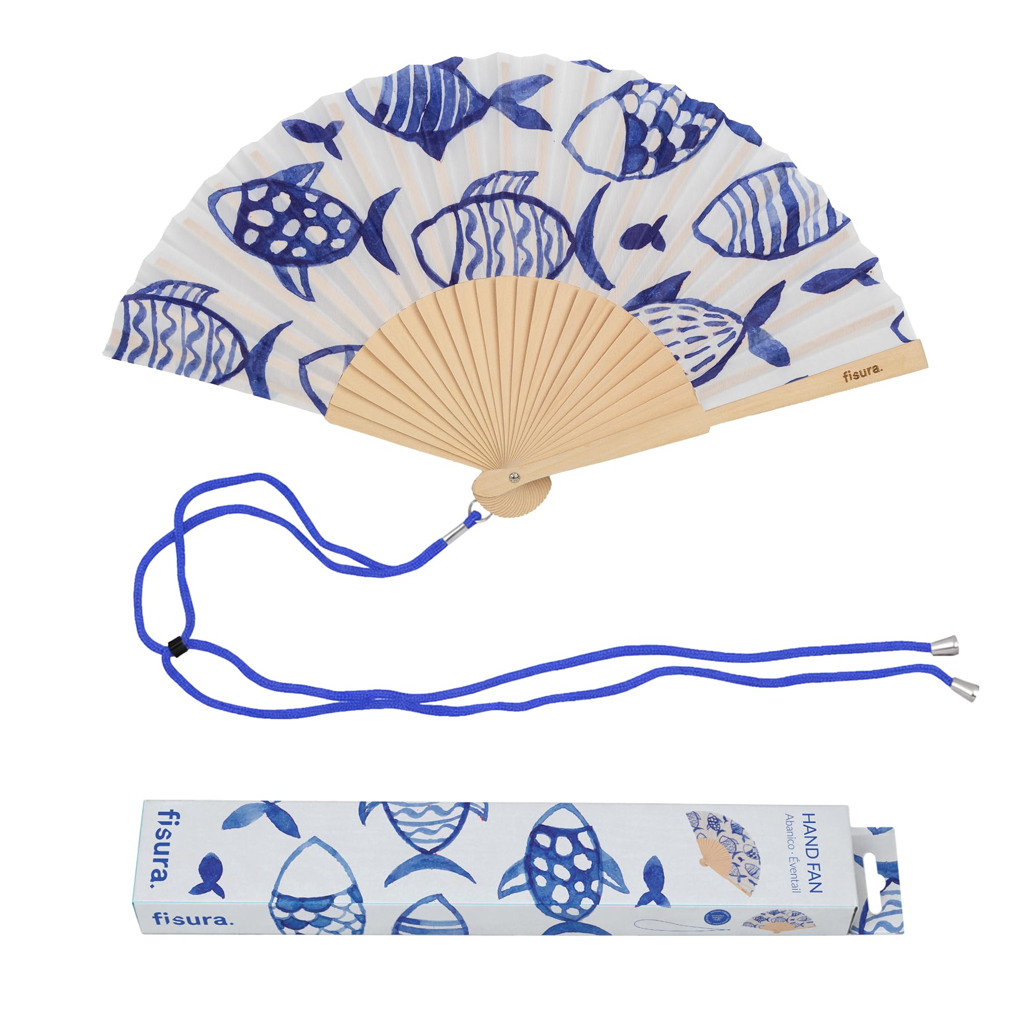 Fisura – Original Folding Fan with Fish Print, Modern and Colourful Folding Handheld Fan, White & Blue Design for Wedding, Rave, Festival - Includes Strap. Size: 42.5 x 23 cm — image 1