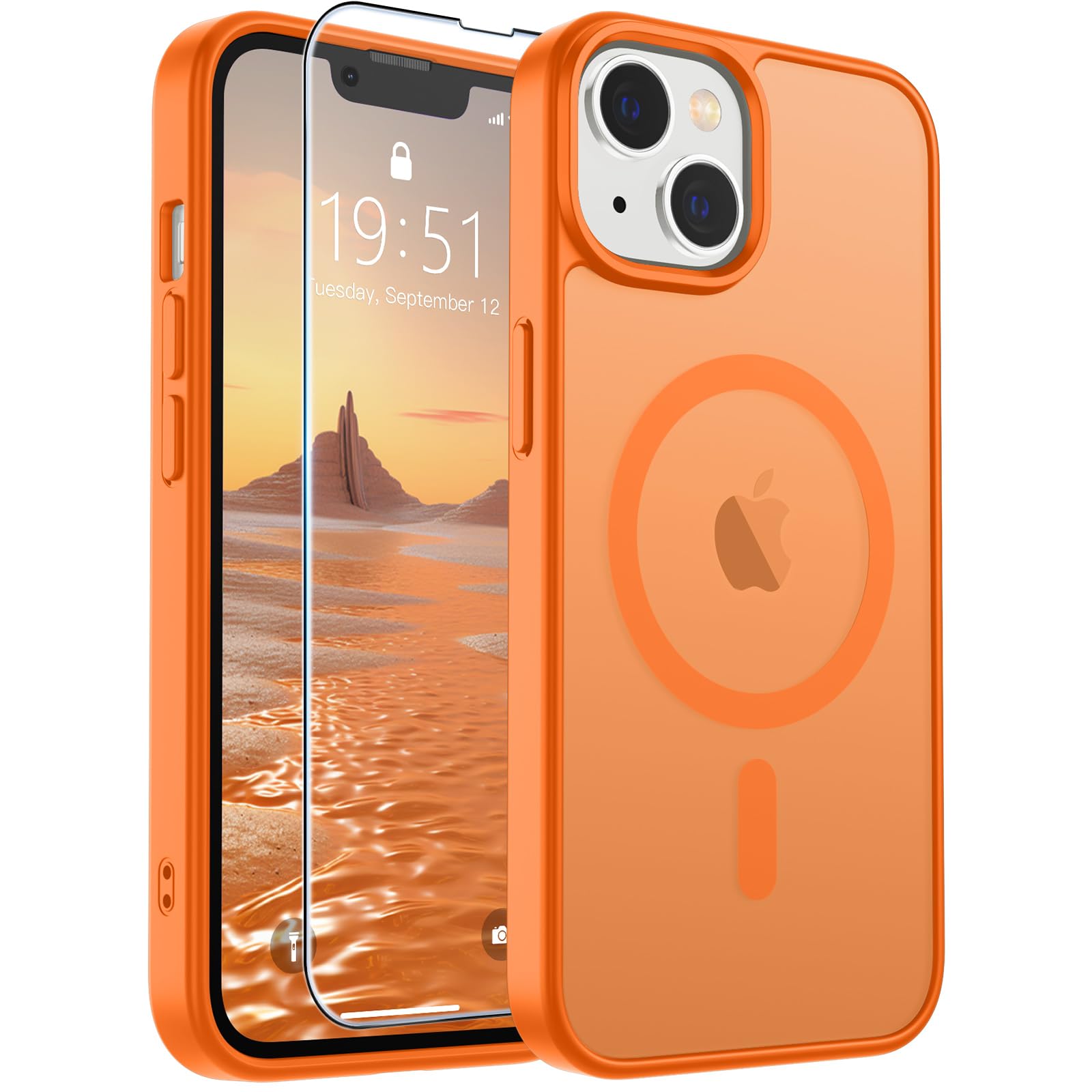 SUPFINE Magnetic for iPhone 13 Case/iPhone 14 Case Starry Orange | With Screen Protector, Translucent Matte, Compatible with MagSafe, Military Grade Drop Proof, Rugged Shockproof Protective