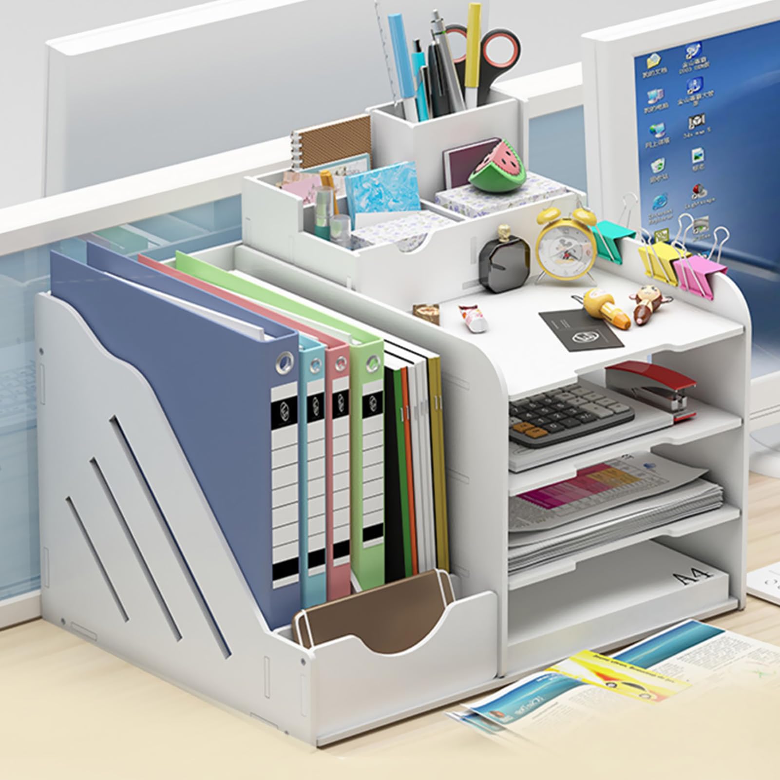 Beauenty Desk Organizers and Storage, 4-Tier Desk Accessories & Workspace Desk Organizers with 3 Pen Holders, Bookshelf, for Home Office Supplies, Office Desk Accessories & Workspace