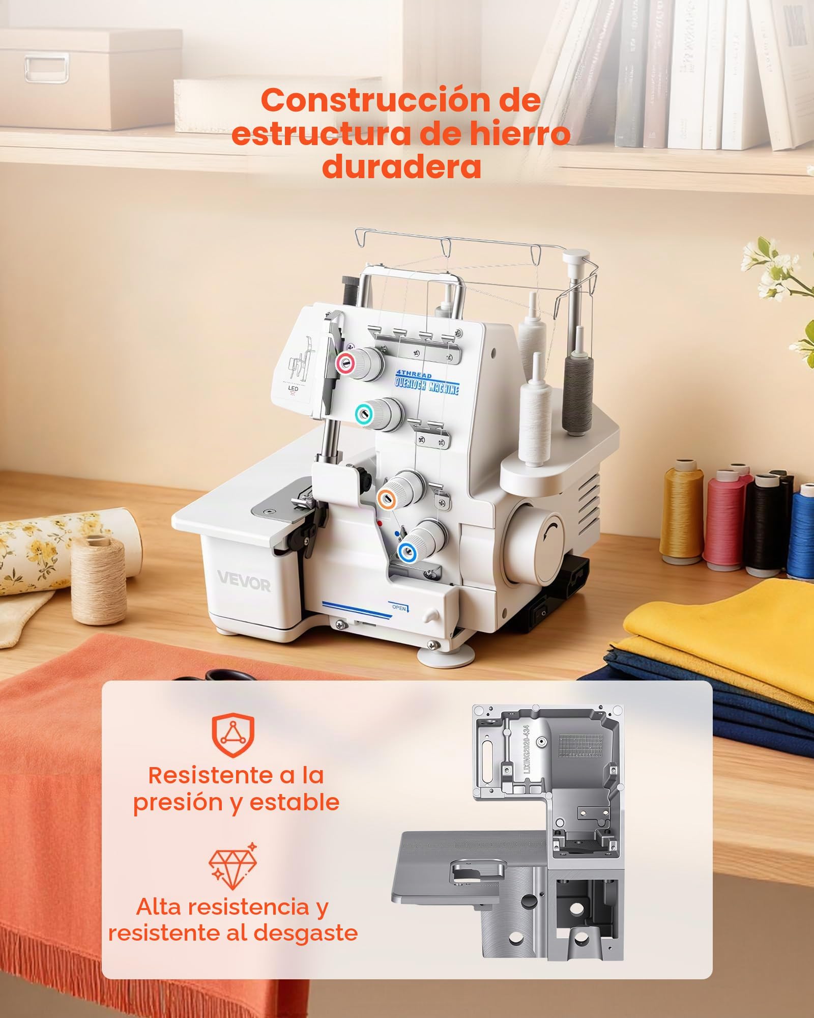 VEVOR Máquina de Coser Overlock, 1250 Puntadas por Minuto, Compatible con 3 y 4 Hilos, con Luz LED y Pies de Succión Fuertes, con Marco de Metal para Varios Tejidos, Blanco, 260 x 270 x 270 mm