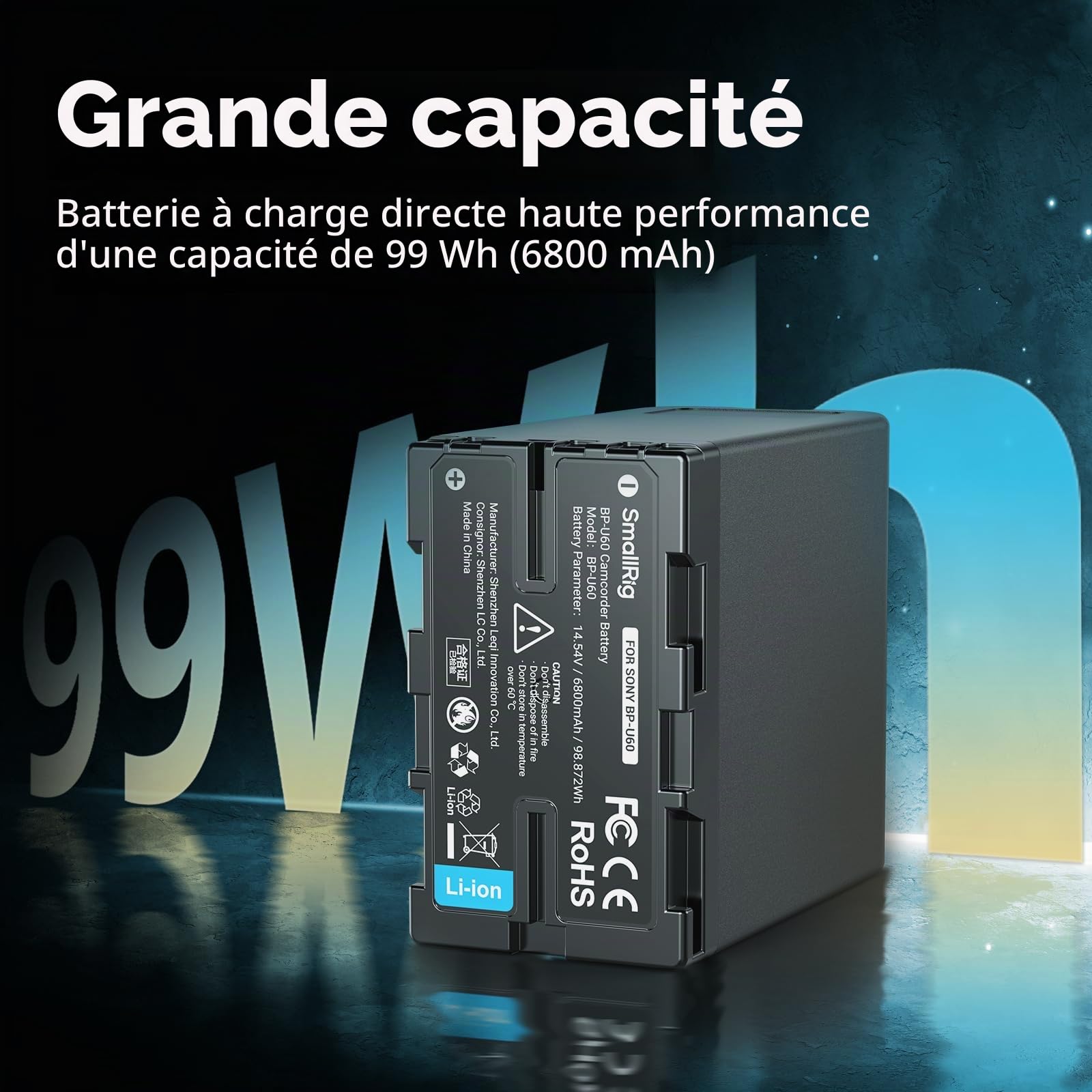 SMALLRIG Batterie Compatible avec BP-U60 pour Sony FX6, FX9, FS5, FS7, FS5M2, FS7M2, X280, Z280, 99 Wh / 6800 mAh, Batterie de Rechange, avec Indicateur de Batterie - 4670
