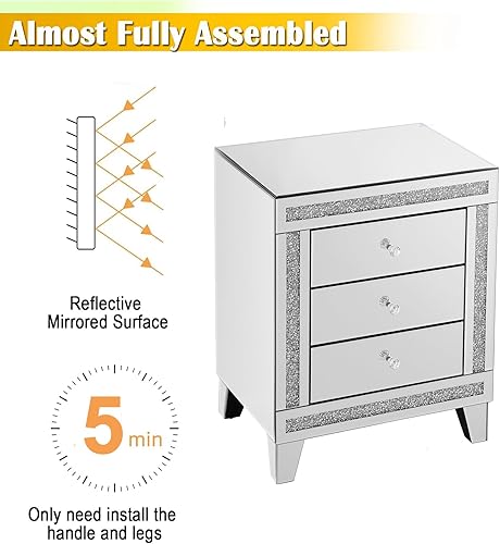 Miniatura 6 de Henf Mesita de noche espejada, mesa auxiliar doradaplateada con 3 cajones, mesa de acento de espejo con perilla de cristal, mesa auxiliar para