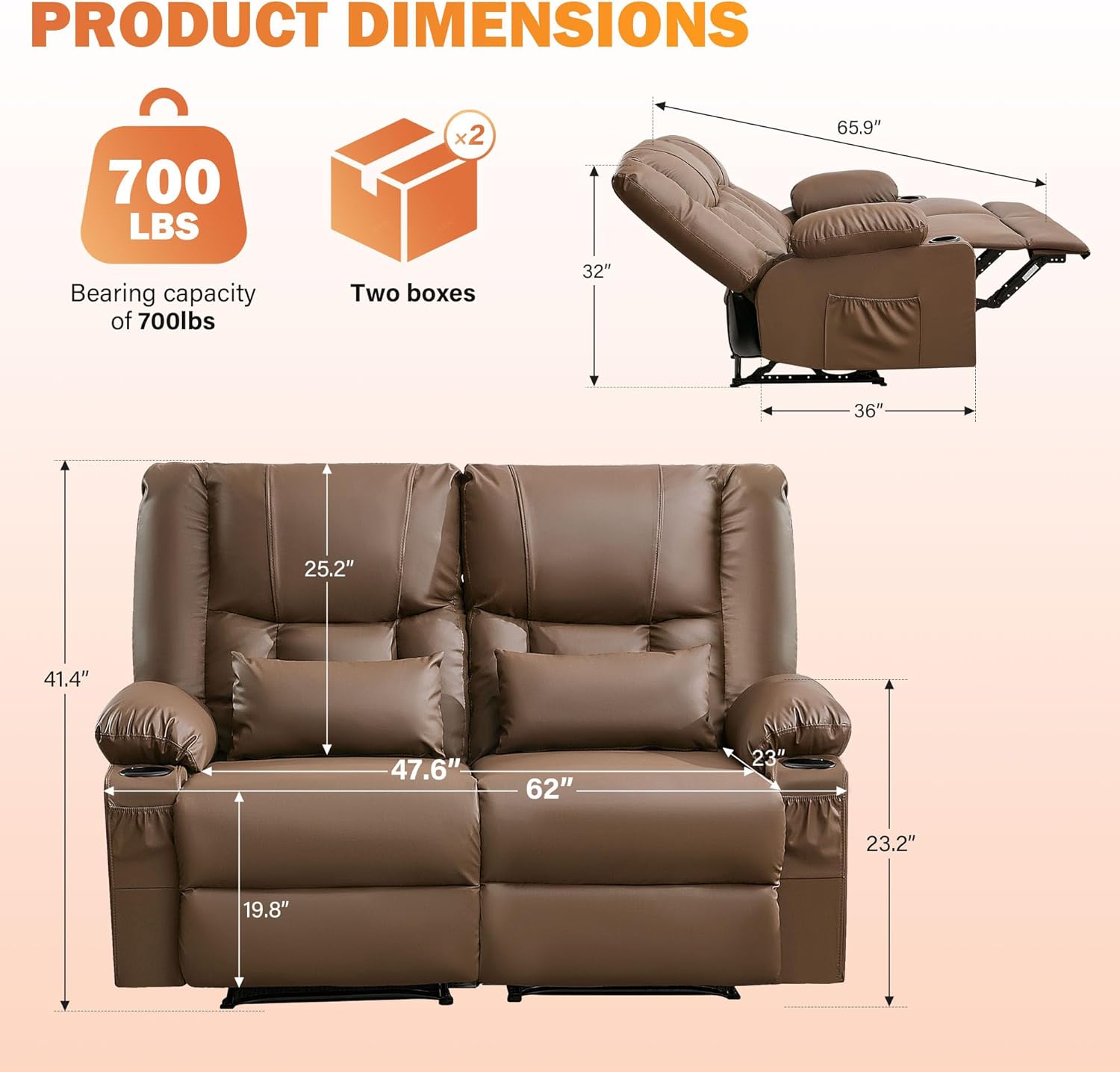 Leather Love Seat Recliner Sofa-Oversized Wall Hugger Recliner Loveseat with Heat and Massage, Manual Home Theater Seating with Cup Holder&Side Pocket/USB, Double Love Seat Recliner (Brown)