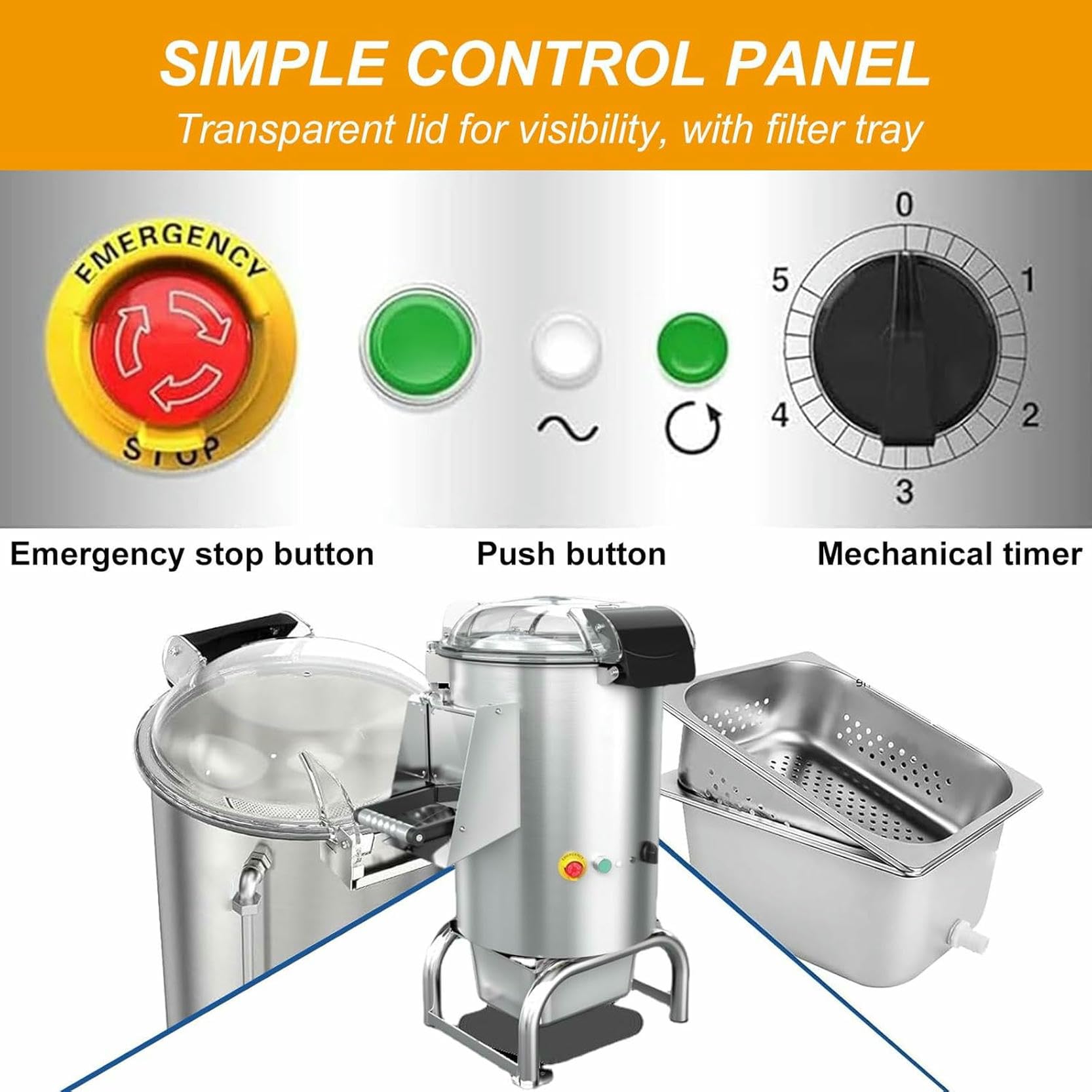 Pelador de Patatas automático Vertical de Acero Inoxidable, con Salida Grande, Cubierta Transparente, Bandeja de Filtro e Interruptor magnético, 110 V