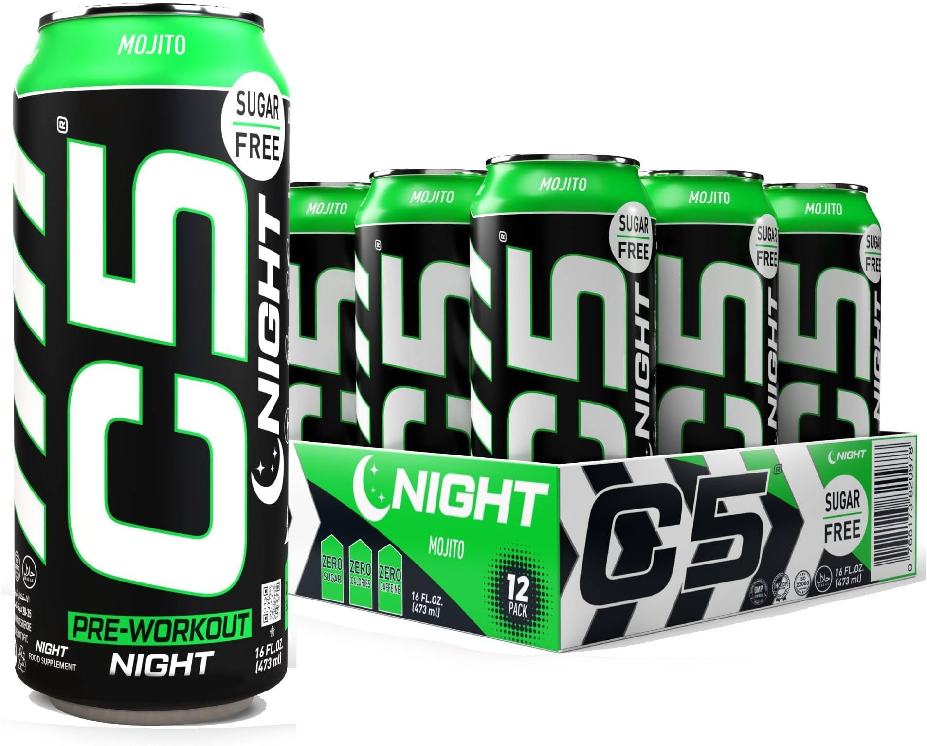 C5 Drink Night Mojito, Pre Workout, Zero Caffeine, Sugar Free, Zero Calories with Beta Alanine, L-Arginine 16fl.OZ, 473ml Caffeine Free Preworkout Pack of 12