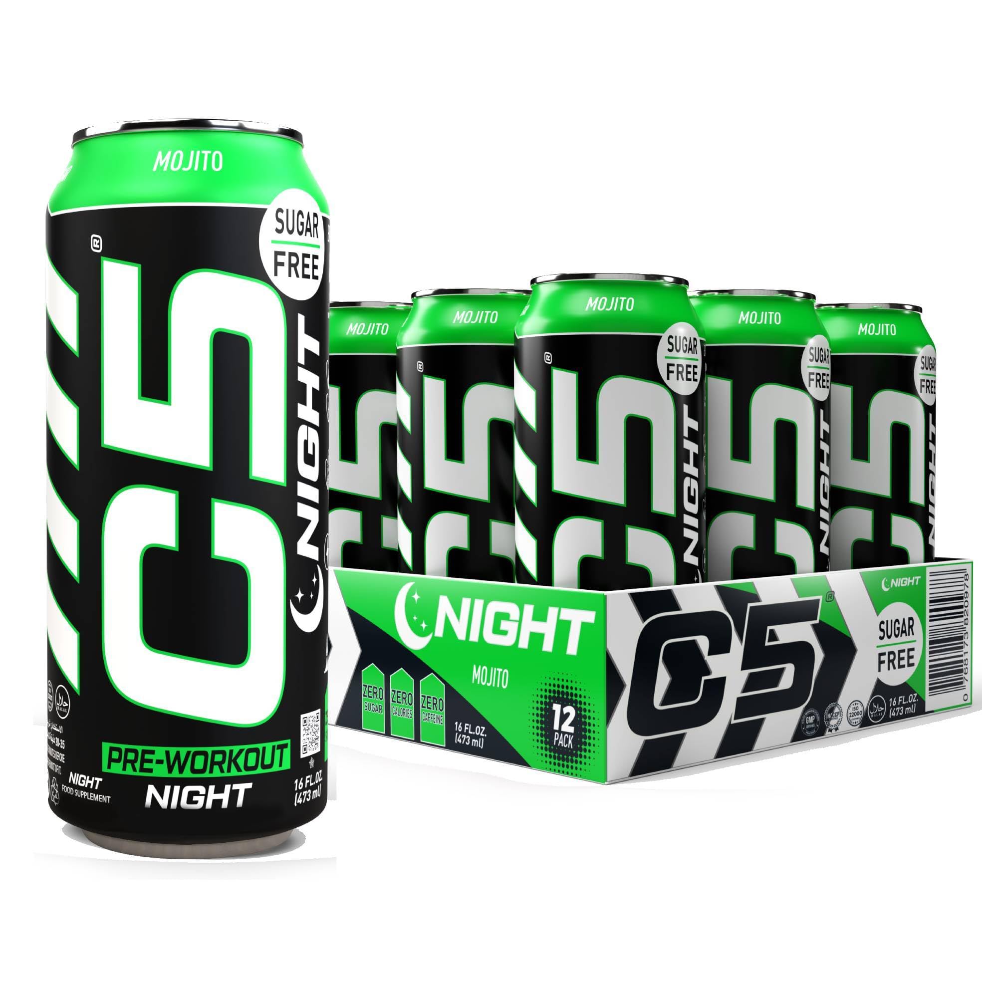 C5 Drink Night Mojito, Pre Workout, Zero Caffeine, Sugar Free, Zero Calories with Beta Alanine, L-Arginine 16fl.OZ, 473ml Caffeine Free Preworkout Pack of 12