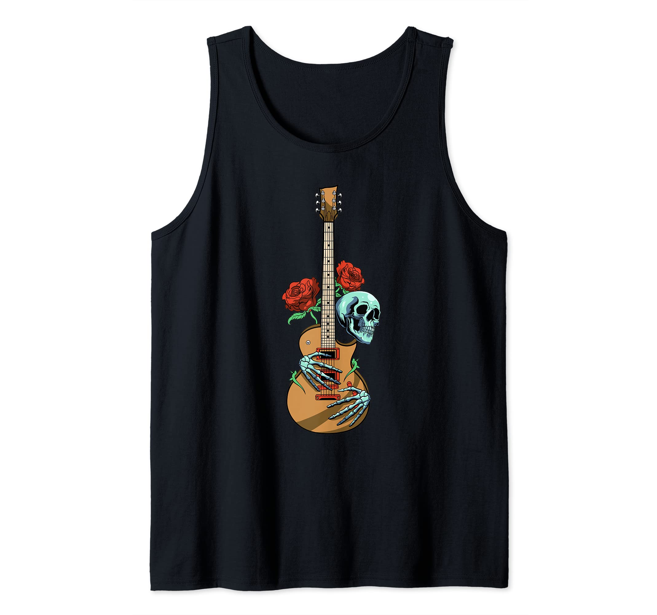 Electric Guitar Skull Red Roses - E-Guitar Rock Guitarist Tank Top