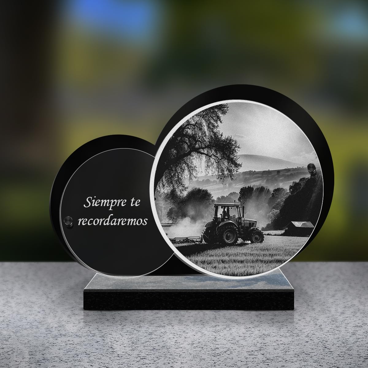 Eternel - Placa Funeraria Personalizada Doble Círculo - Tractor, Granja, Agricultor, Campesino - Texto Personalizable, Placa Funeraria Grabada con Láser, Homenaje, Placa Mortuoria Conmemorativa.