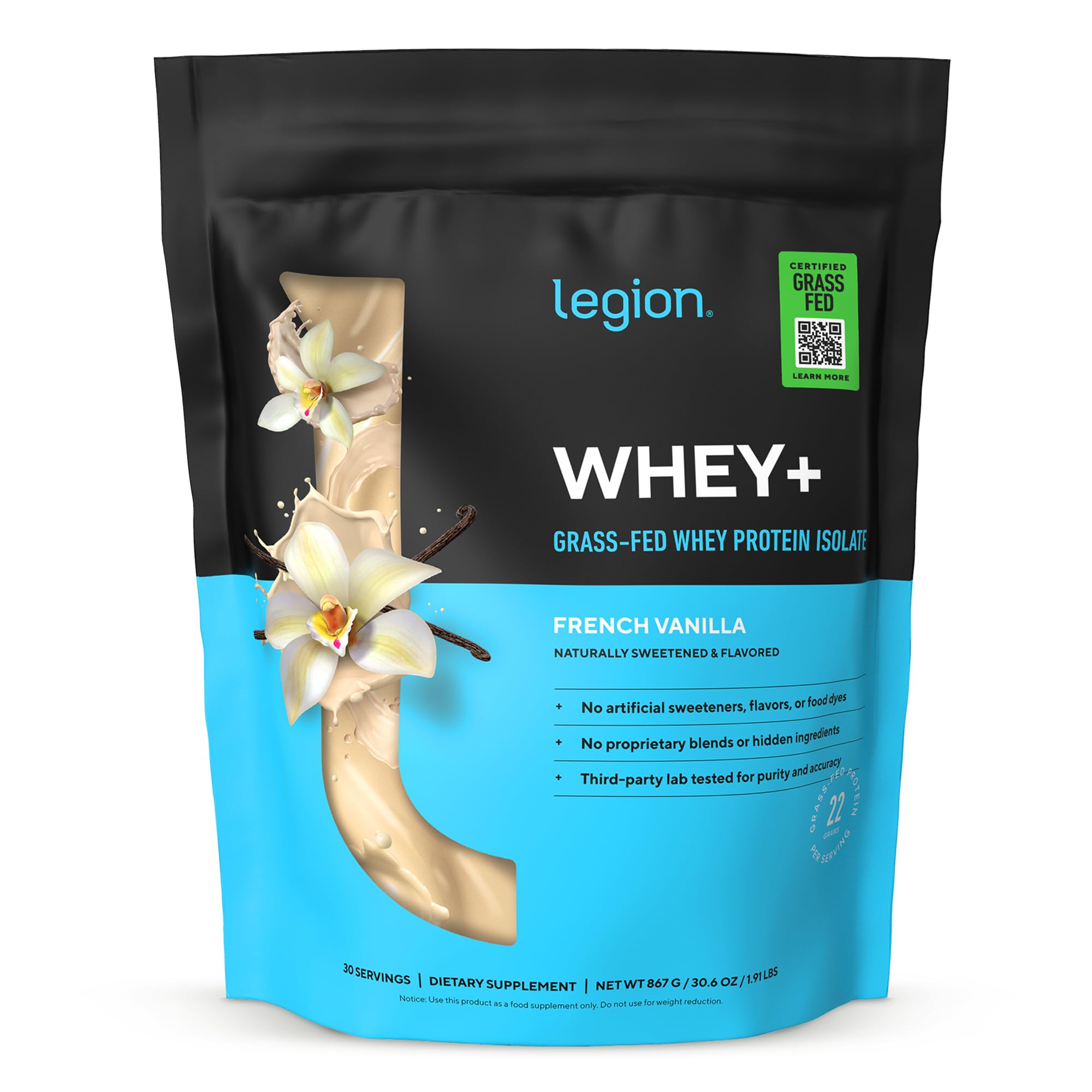 Whey+ Whey Isolate Protein Powder from Grass Fed Cows - Low Carb, Low Calorie, Non-GMO, Lactose Free, Gluten Free, Sugar Free, All Natural Whey Protein Isolate, 30 Servings (Vanilla)