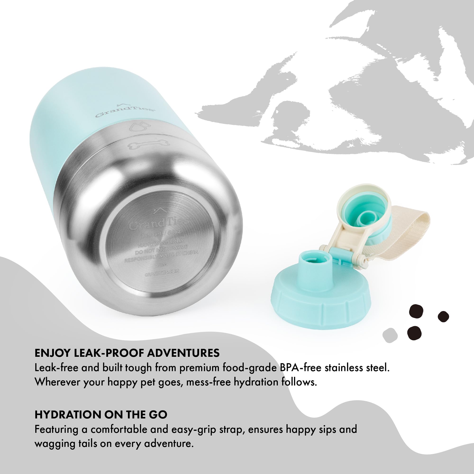 GrandTies Borraccia portatile isolata per cani con 2 dispenser staccabili per l'acqua per cani, contenitore da viaggio per cibo per cani, accessori per cani, passeggiate, escursionismo, campeggio (1,8