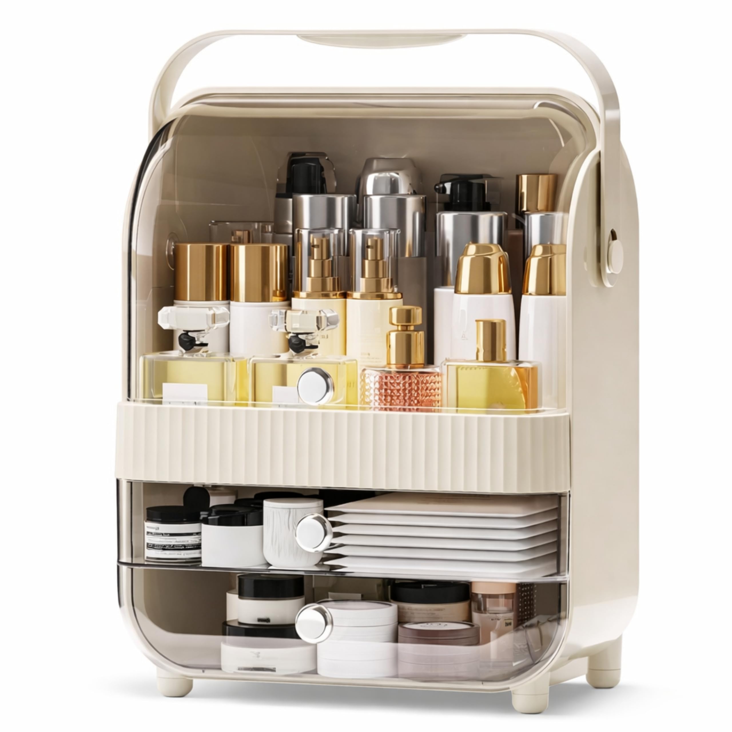 Large Cosmetic Organizer Box with Handle – Dustproof Makeup Storage Cabinet with Drawer, Skincare & Perfume Organizer for Vanity, Dressing Table & Bathroom Countertop (37x29.5x20 cm, Cream)-image-38