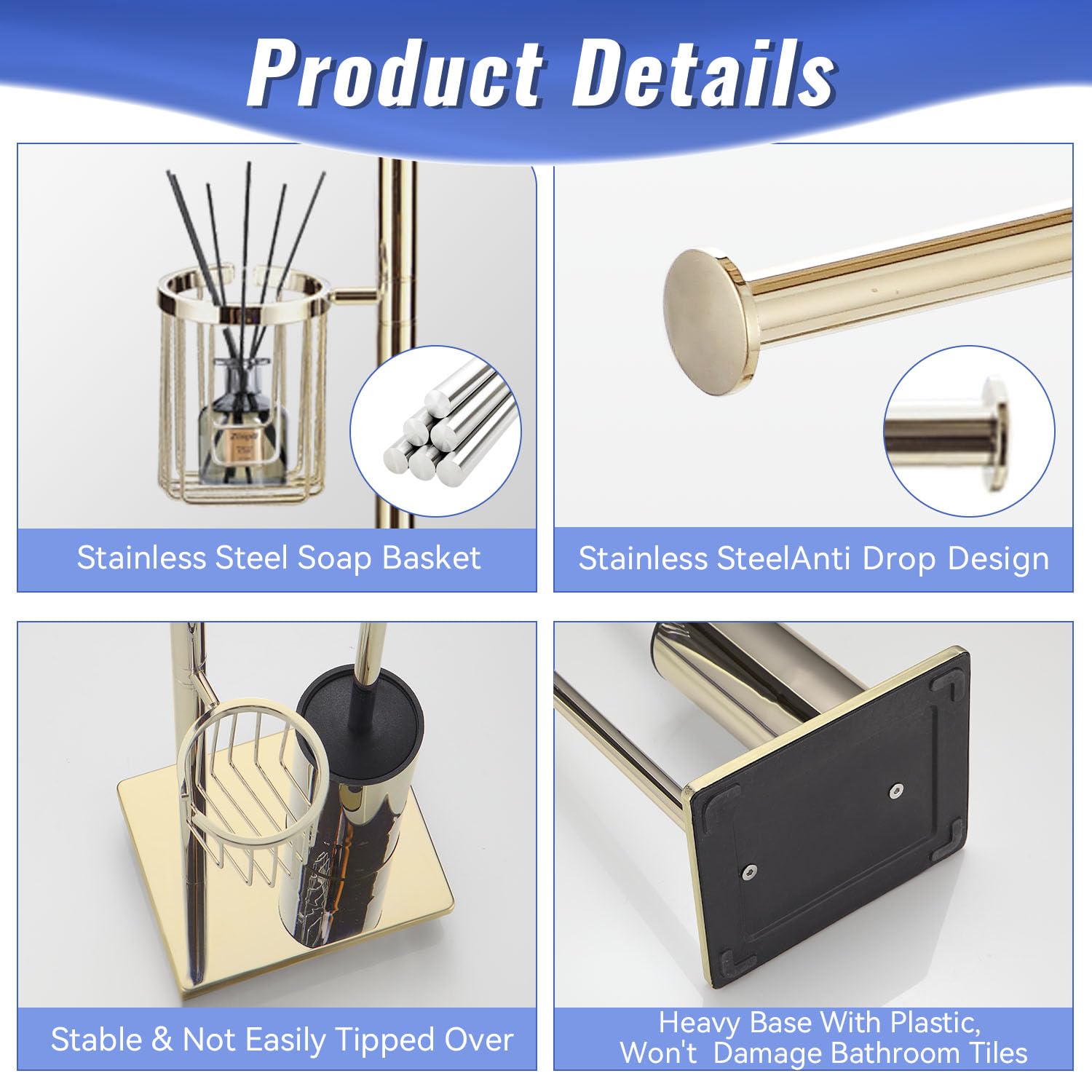 BGL Stojak na papier toaletowy stojący ze szczotką toaletową, złoty, uchwyt na papier toaletowy z koszem narożnym
