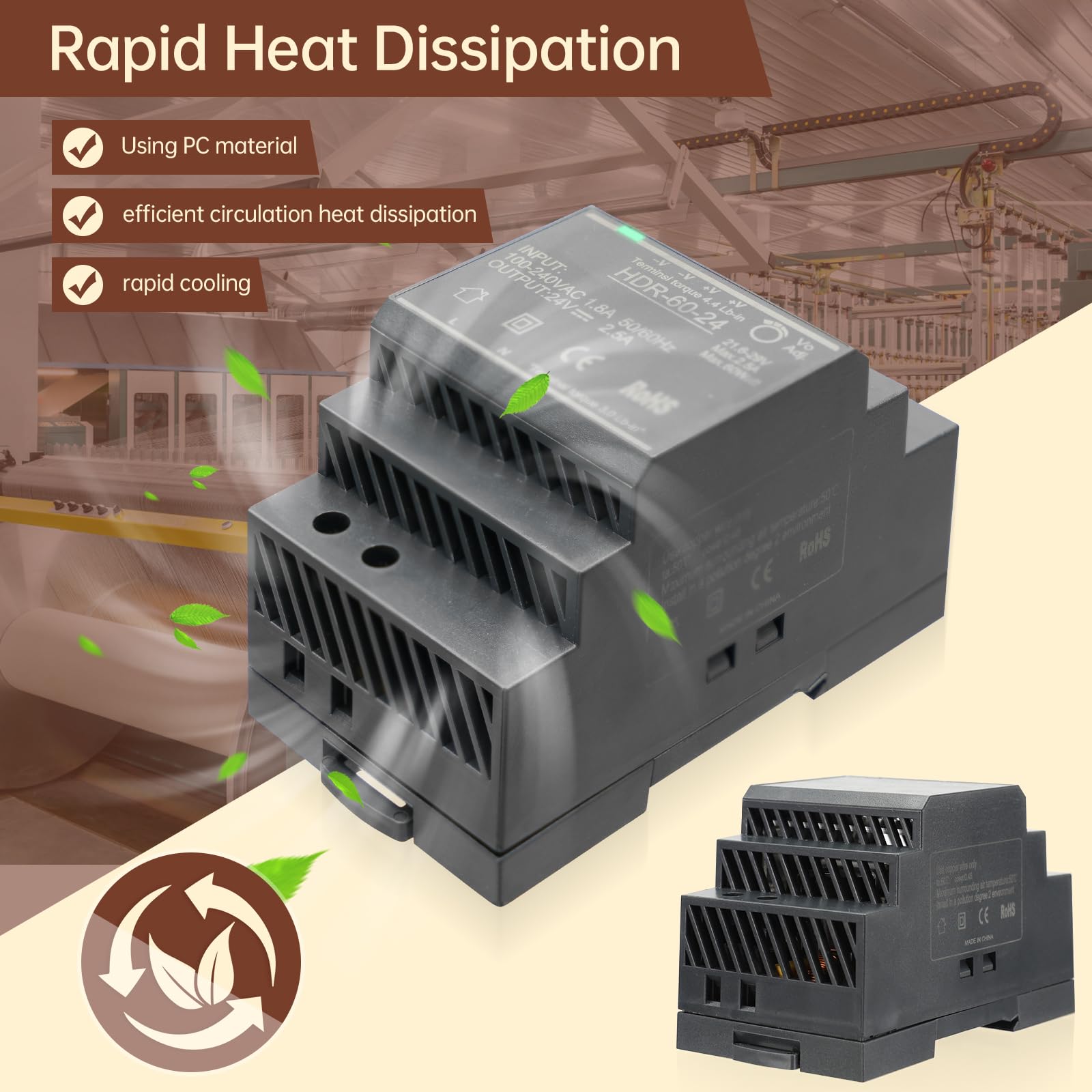 Fuente de Alimentación para el Montaje de Rayos de Sombra 24V 2.5A 60W Transformador de Red de Conmutación AC a CC para la Industria Iluminación y Automatización LED HDR-60-24