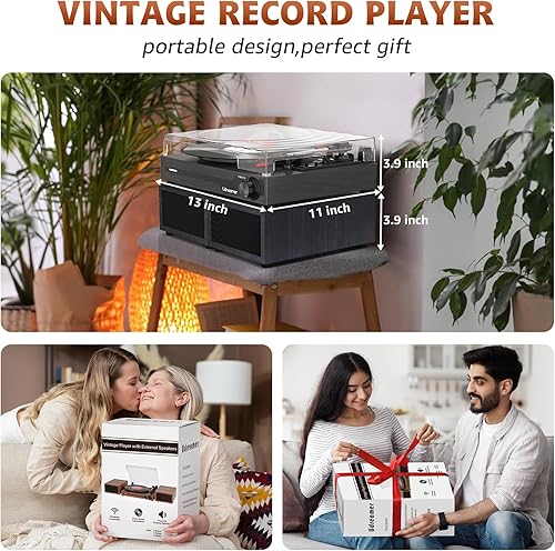 Miniatura 5 de Tocadiscos de vinilo con altavoces, tocadiscos portátil Bluetooth para discos de vinilo, reproductor de fonógrafo LP con 3 velocidades USB RCA en