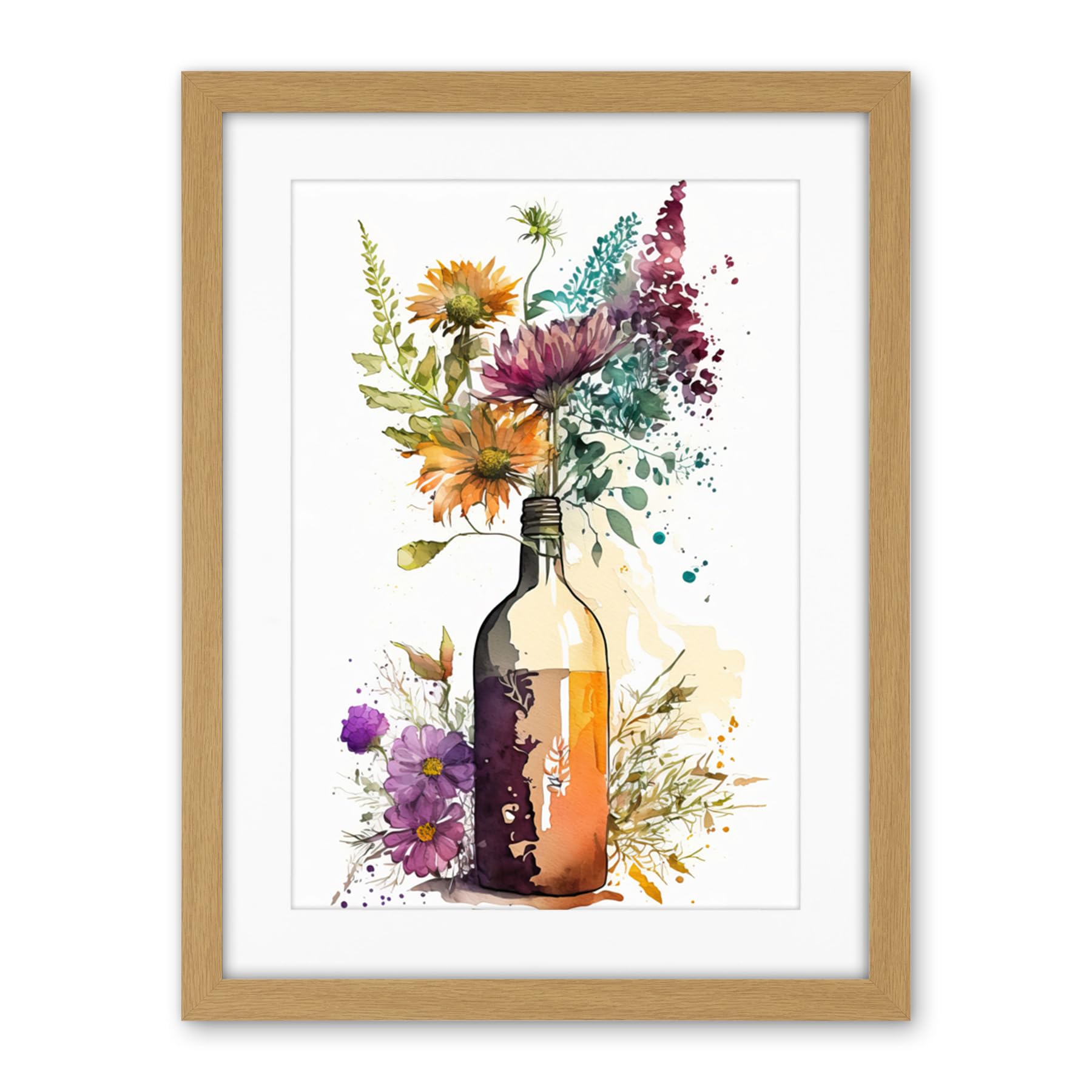 Artery8 Spring Wildflower Bouquet in a Glass Wine Bottle Artwork Framed Wall Art Print 18X24 Inch