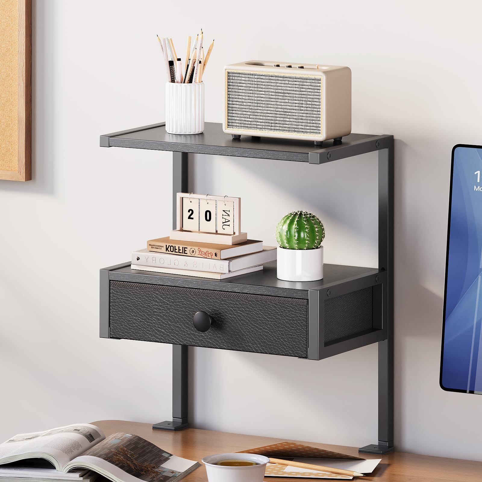 Photo 1 of VENNQD Clamp On Desk Shelf, 2-Tier Desktop Organizer, Wood Desktop Supplies Tabletop Book Storage Rack with Adjustable Shelves for Table Working and Gaming Accessories, White