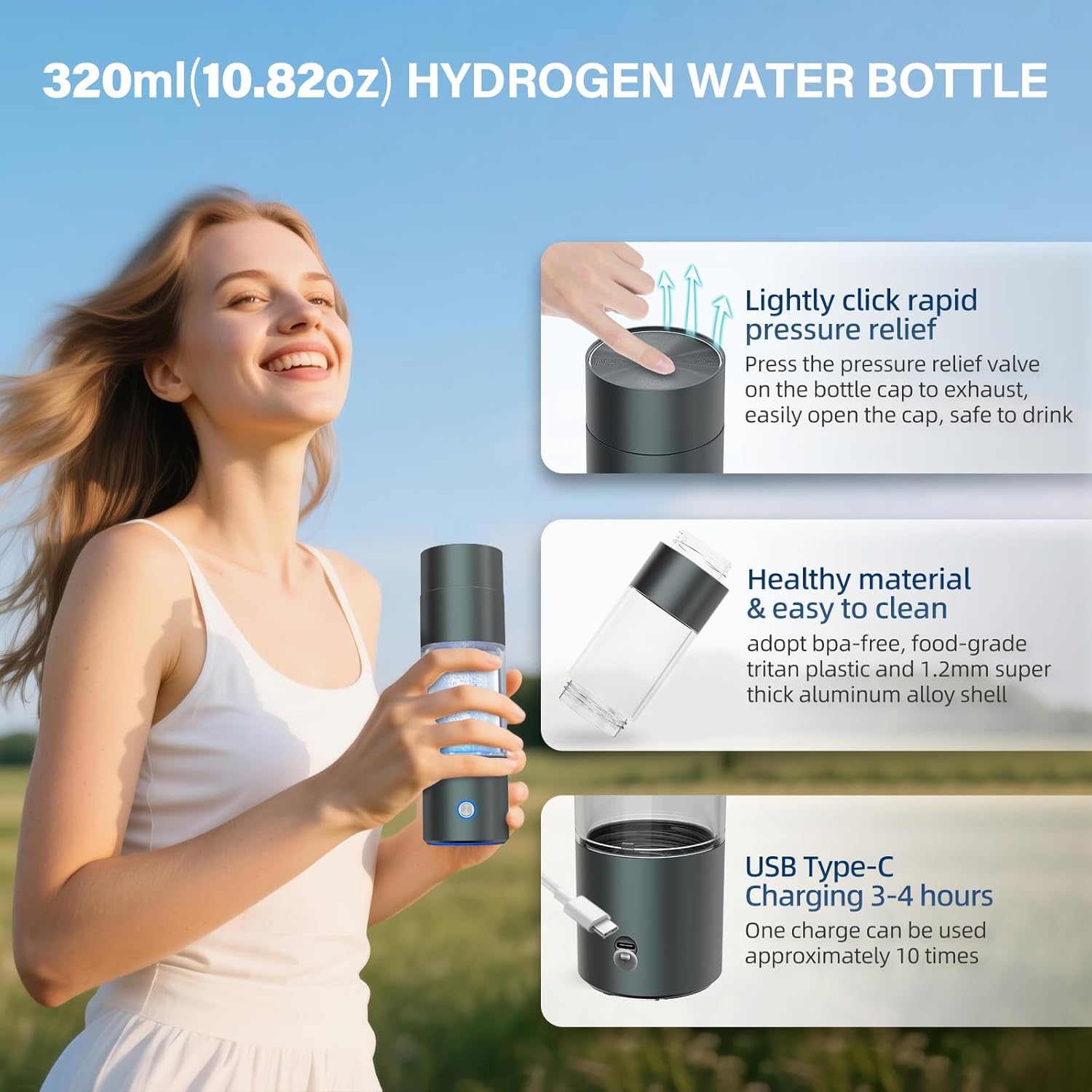 Hydrogen Water Bottle, Hydrogen Water Bottle Generator 4000ppb with SPE/PEM Technology Water Ionizer, Portable Hydrogenated Water Machine Dispenser Improve Water (Gray)