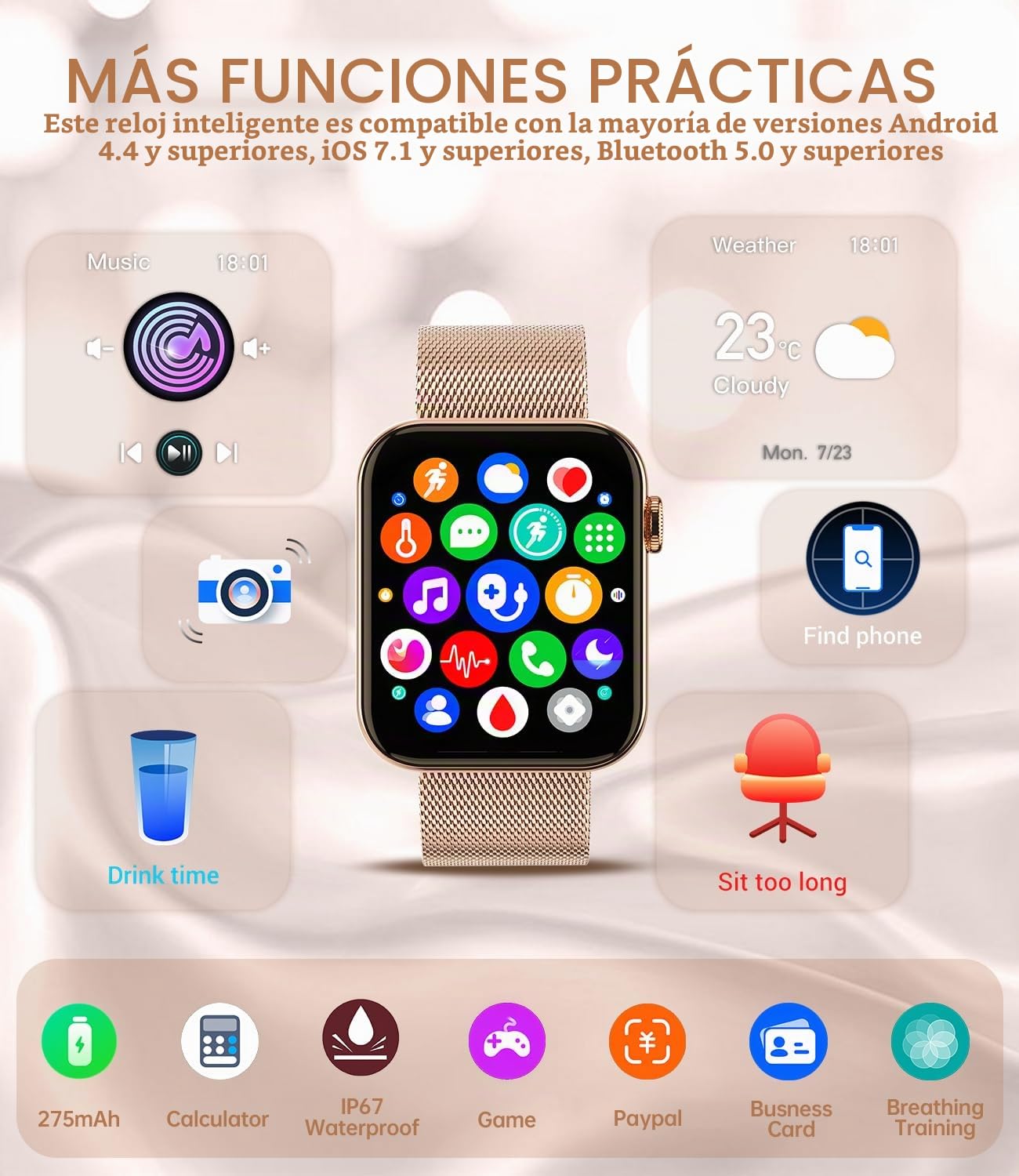 Reloj Inteligente Mujer con Llamadas y Whatsapp Notificación, 1,85" HD Smartwatch Mujer para Android iOS 3 Correas Pulsera Actividad con Pulsómetro SpO2 Sueño Función Femenina Podómetro