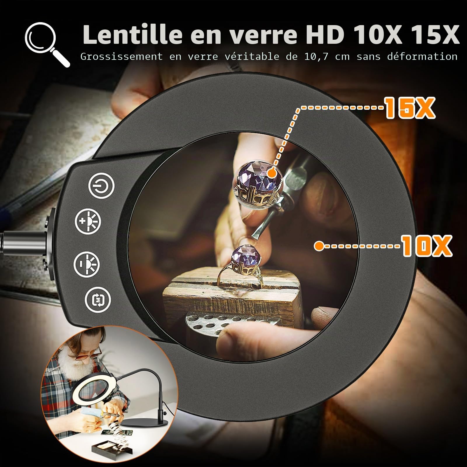 Loupe à Col de Cygne 15X 10X Lampe Loupe de Bureau LED avec Pince et Base 5 Modes de Couleurs