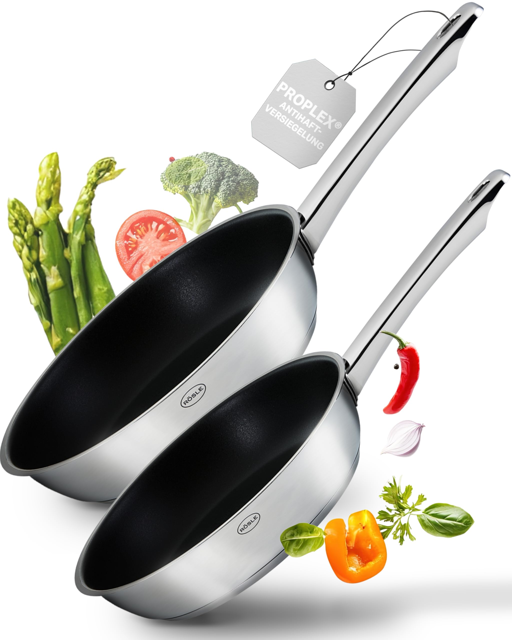 RÖSLE Moments Pfannenset 2 Stück 20 und 28 cm, Bratpfanne aus Edelstahl | Antihaftbeschichtet und kratzfest, für alle Herdarten inkl. Induktion, backofenfest bis 260 °C, spülmaschinenfest, PFAS-frei